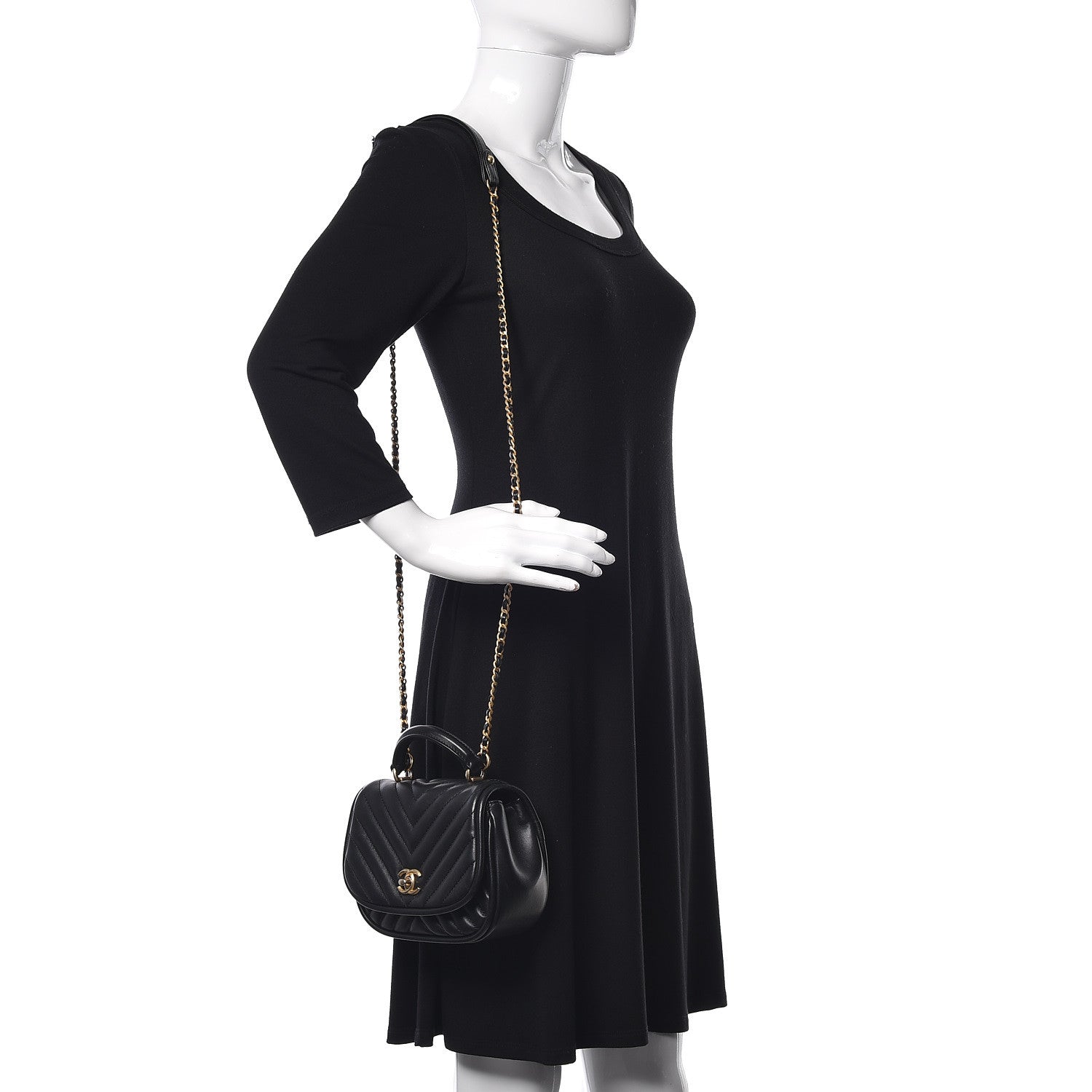 Chanel Lambskin Reverse Chevron Quilted Mini Round Top Handle Flap Black 2 of 12