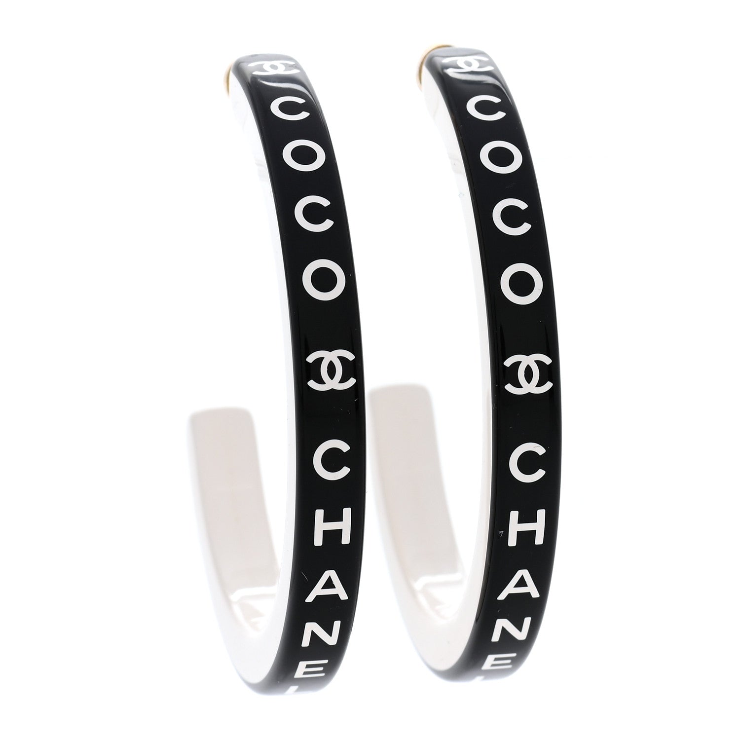 Chanel Resin Logo Hoop Earrings Black White 1 of 5