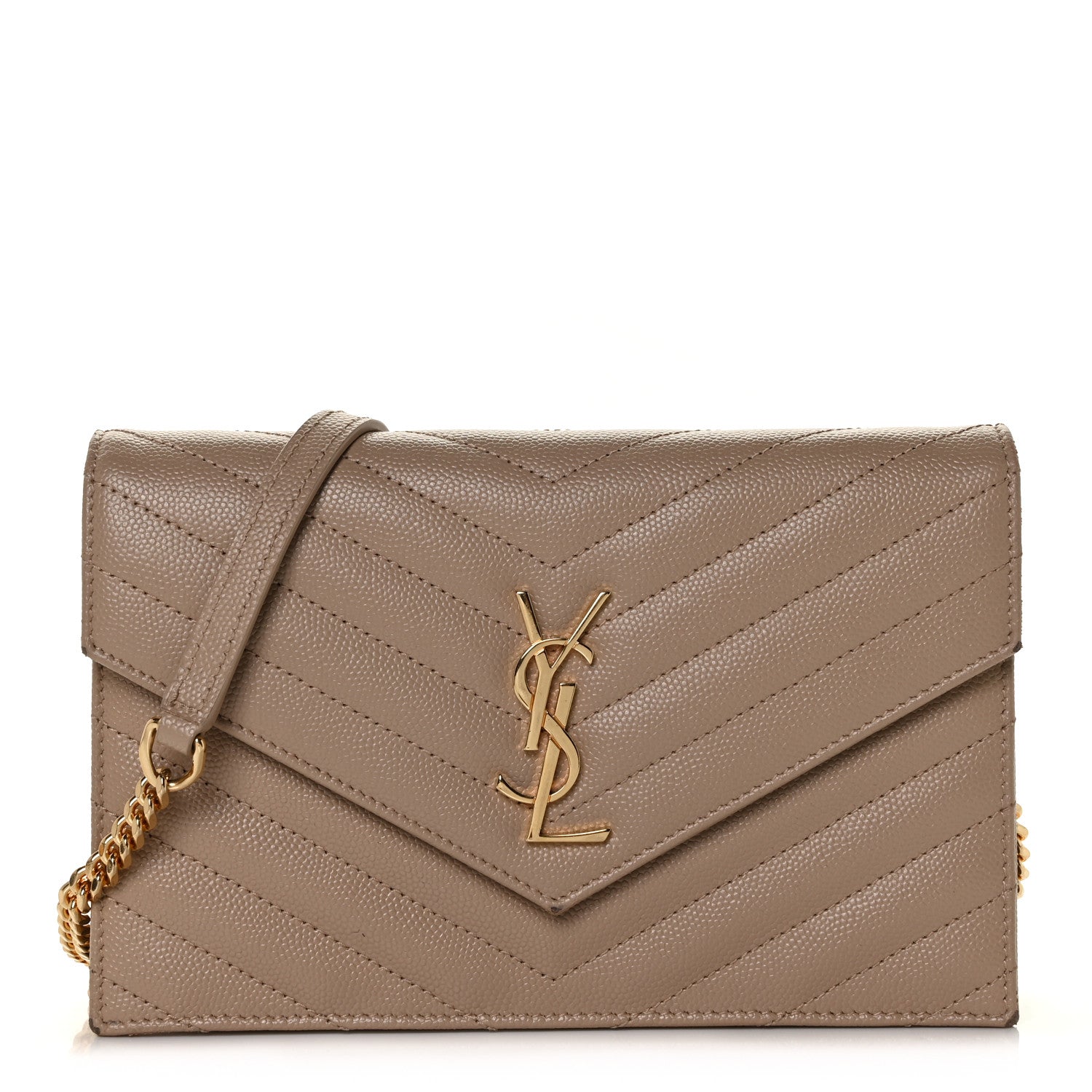 Saint Laurent Grain De Poudre Matelasse Chevron Monogram Envelope Chain Wallet Dark Beige 1 of 11