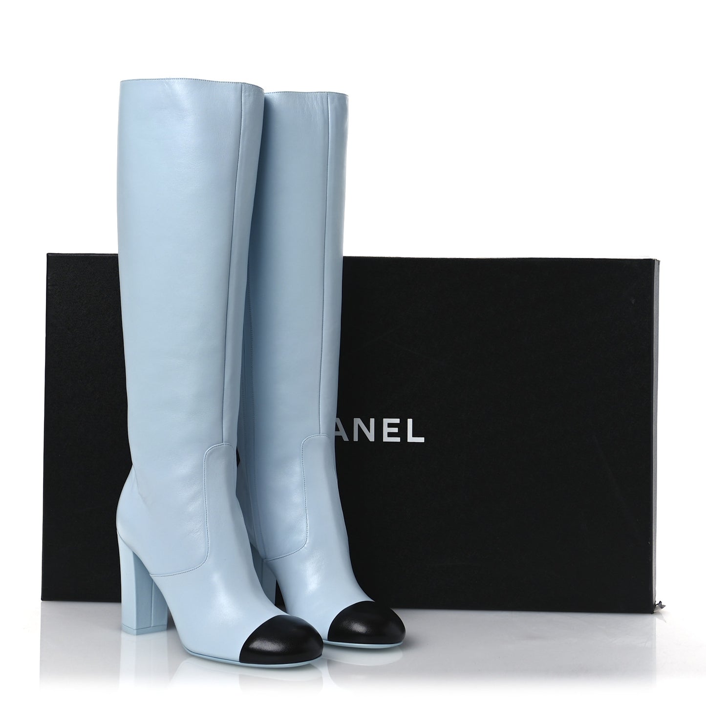 Lambskin Cap Toe High Boots 39 Light Blue Black