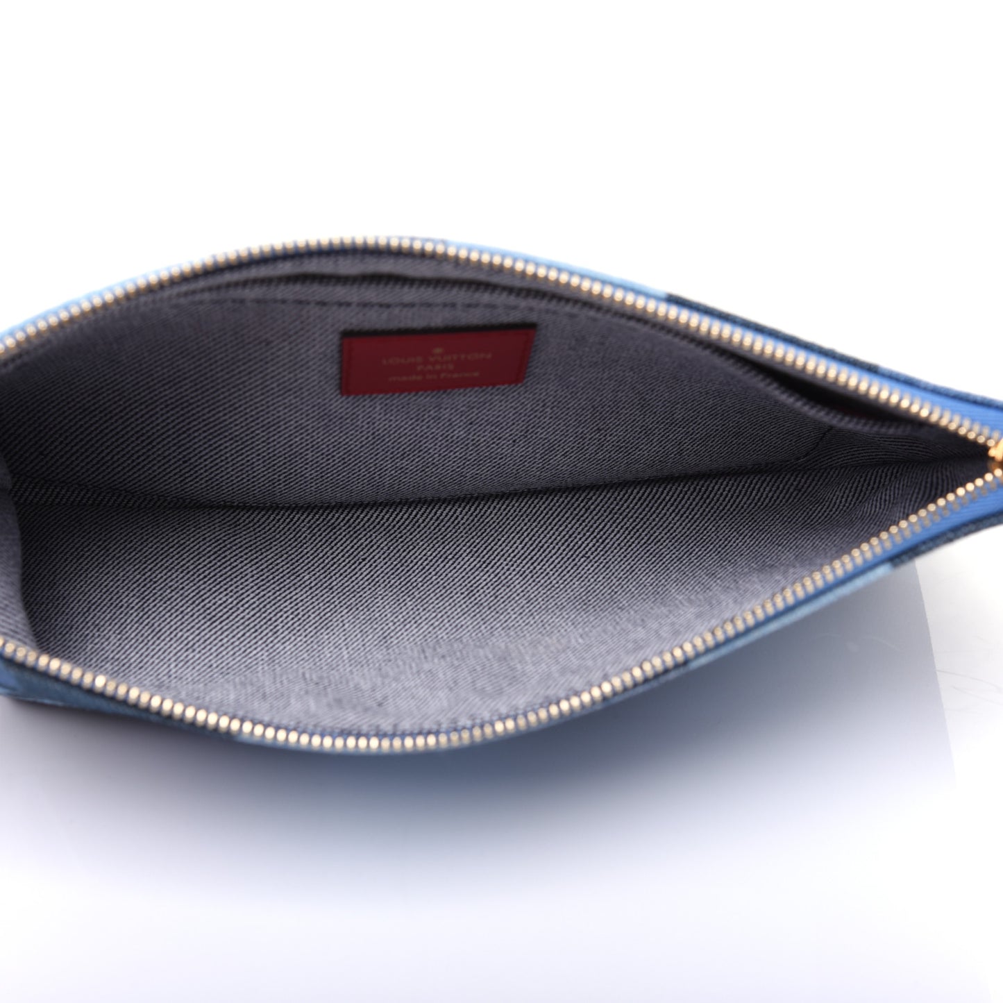 Denim Damier Monogram Patchwork Neverfull MM Pochette Blue Rouge