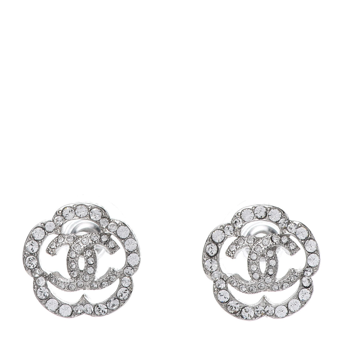 Crystal Coco Flapper Camellia CC Stud Earrings Silver