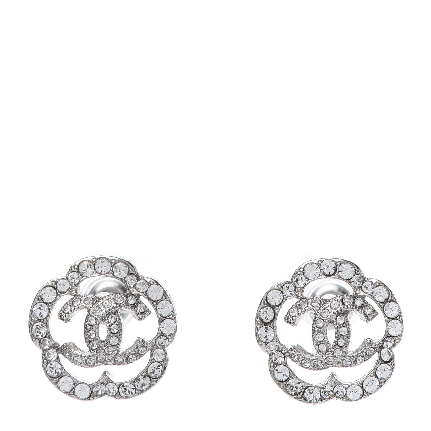 Chanel Crystal Coco Flapper Camellia CC Stud Earrings Silver 1 of 5