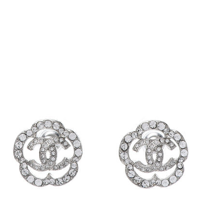 Chanel Crystal Coco Flapper Camellia CC Stud Earrings Silver 1 of 5