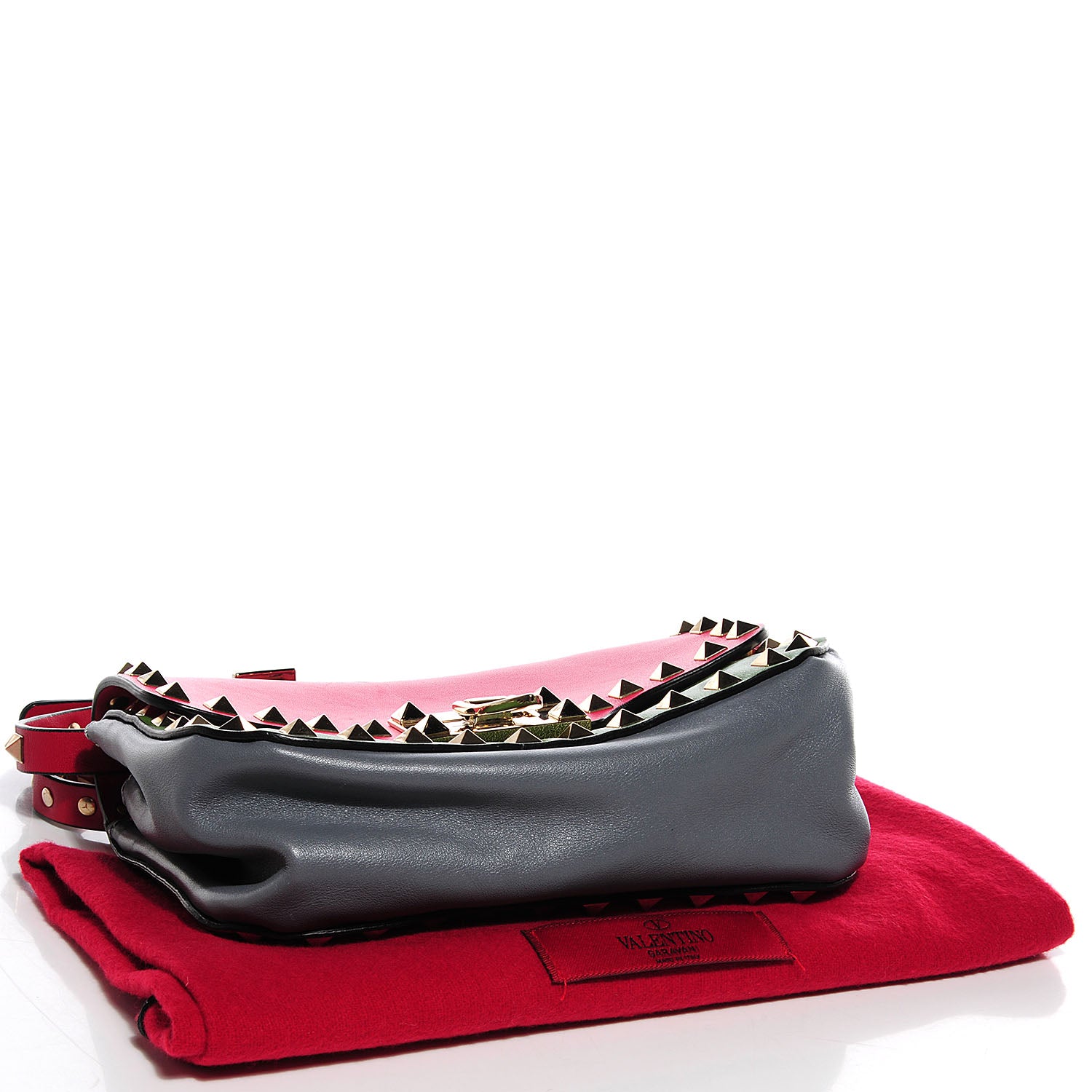 Valentino Garavani Vitello Colorblock Mini Rockstud Flap Saddle Crossbody Bag Deep Rose Green Grey Scarlet 4 of 8