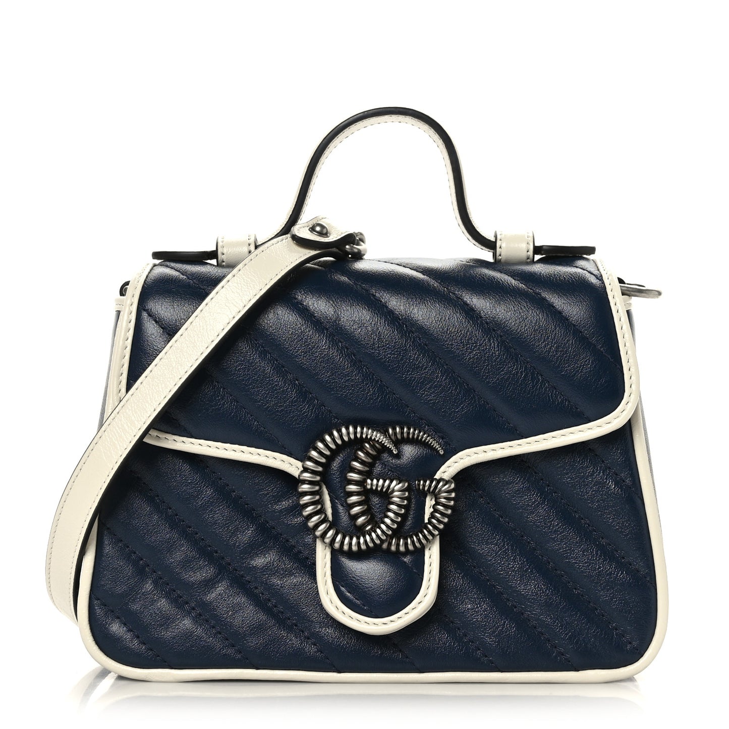 Vintage Effect Calfskin Matelasse Diagonal Mini Torchon GG Marmont Top Handle Shoulder Bag Blue Agata Mystic White