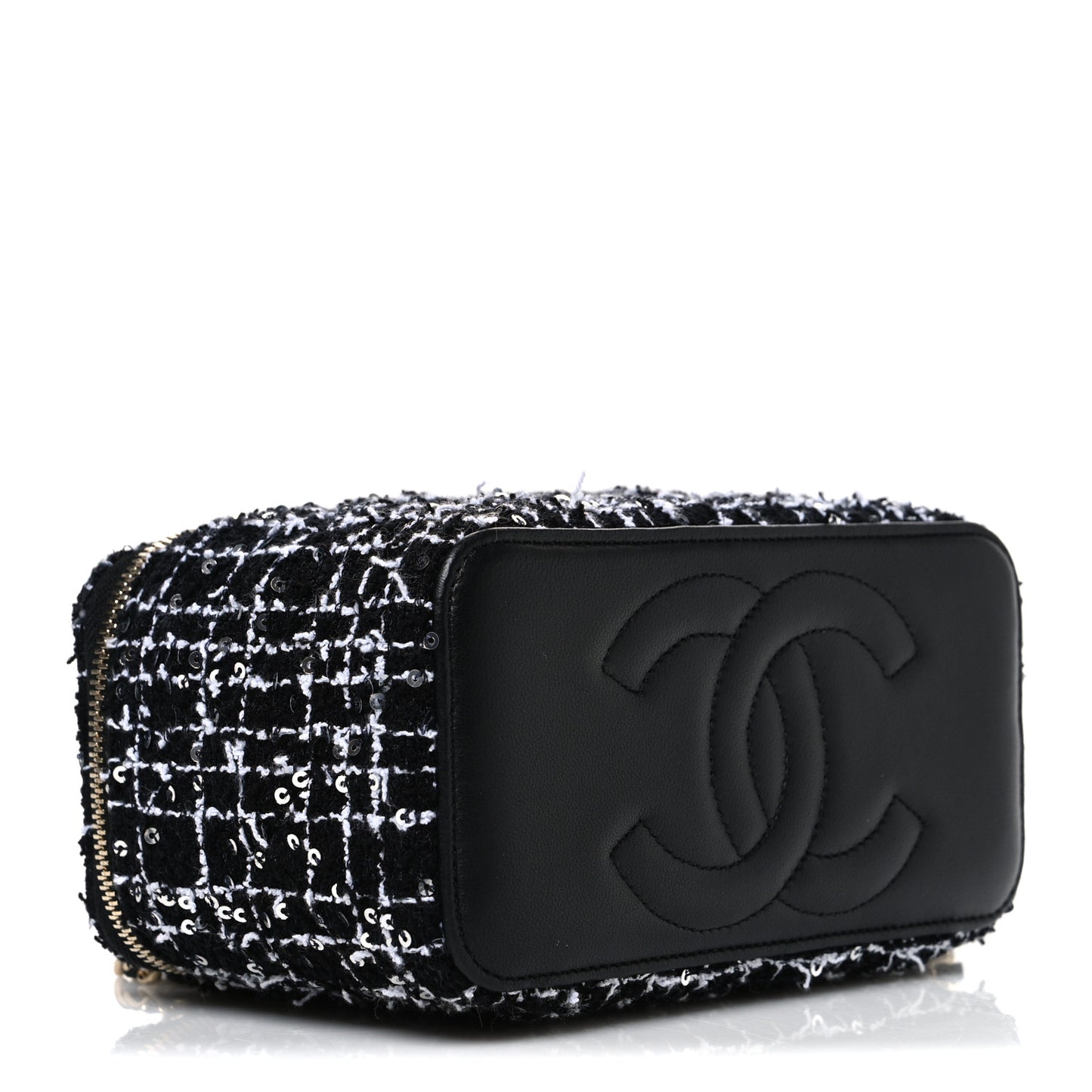 Tweed Sequin Small Top Handle Vanity Case With Chain Black White