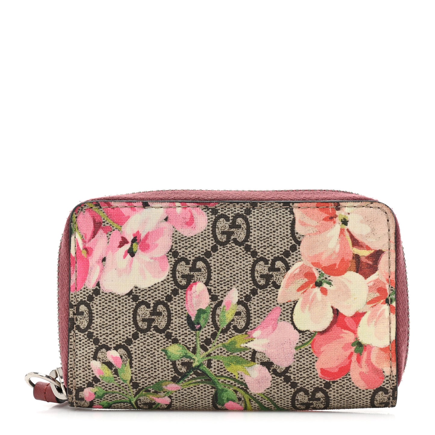 GG Supreme Monogram Blooms Zip Around Card Case Wallet Beige Multicolor Dry Rose