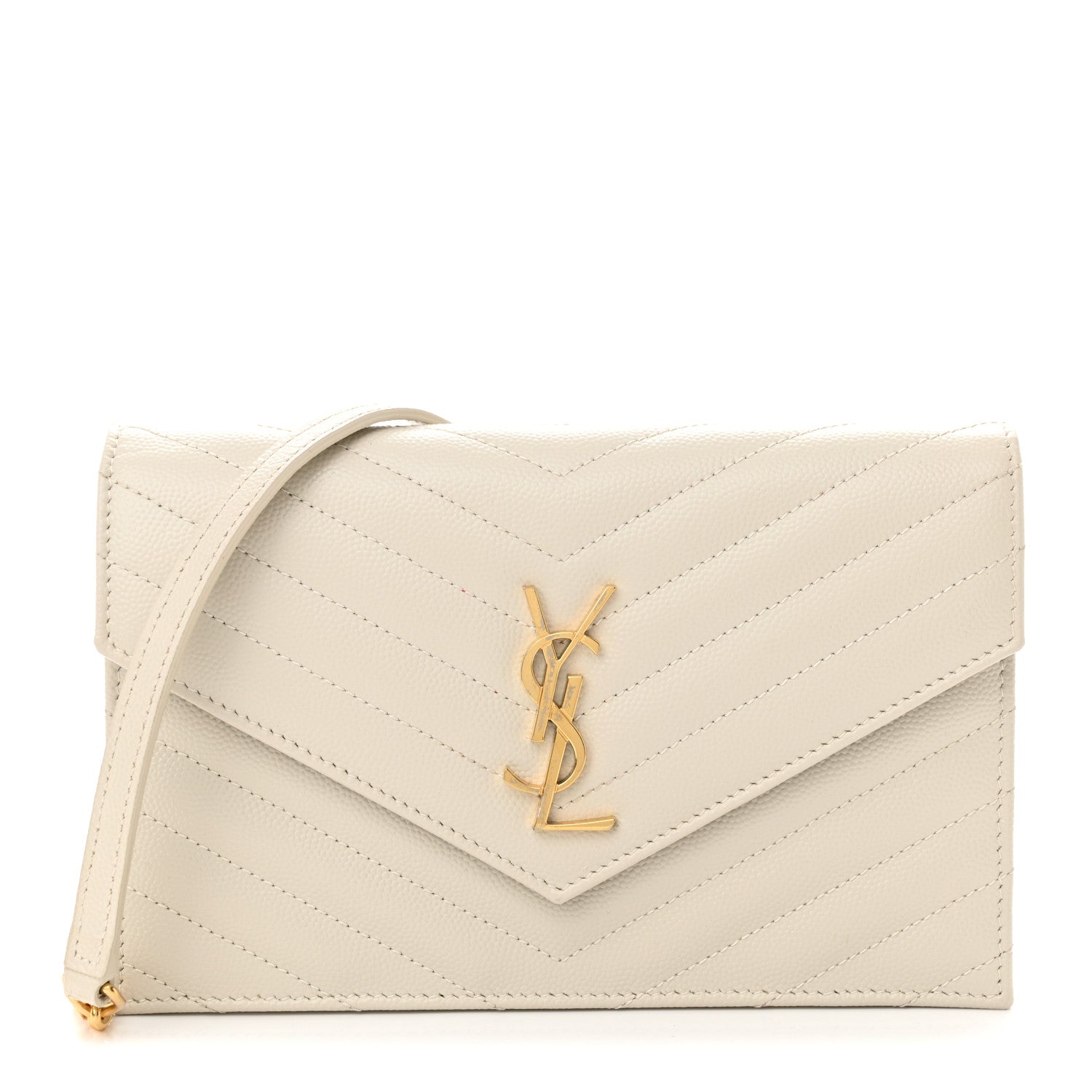 Saint Laurent Grain De Poudre Matelasse Chevron Monogram Envelope Chain Wallet Crema Soft 1 of 10