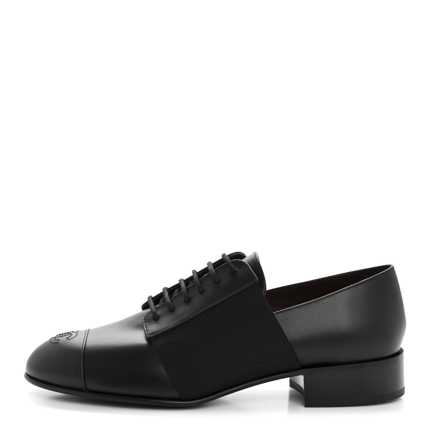 Calfskin Elastic Lace Up Cap Toe CC Loafers 37.5 Black