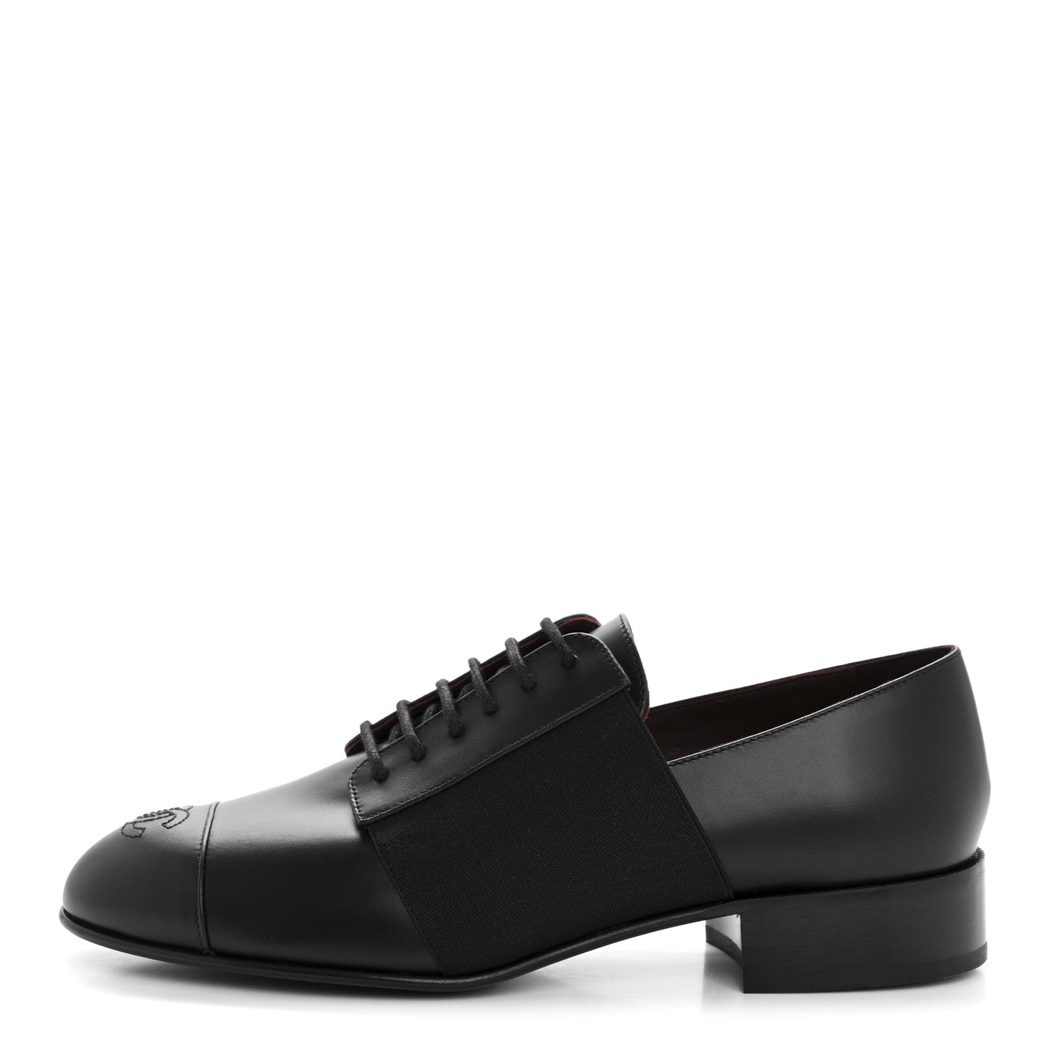 Chanel Calfskin Elastic Lace Up Cap Toe CC Loafers 37.5 Black 1 of 9