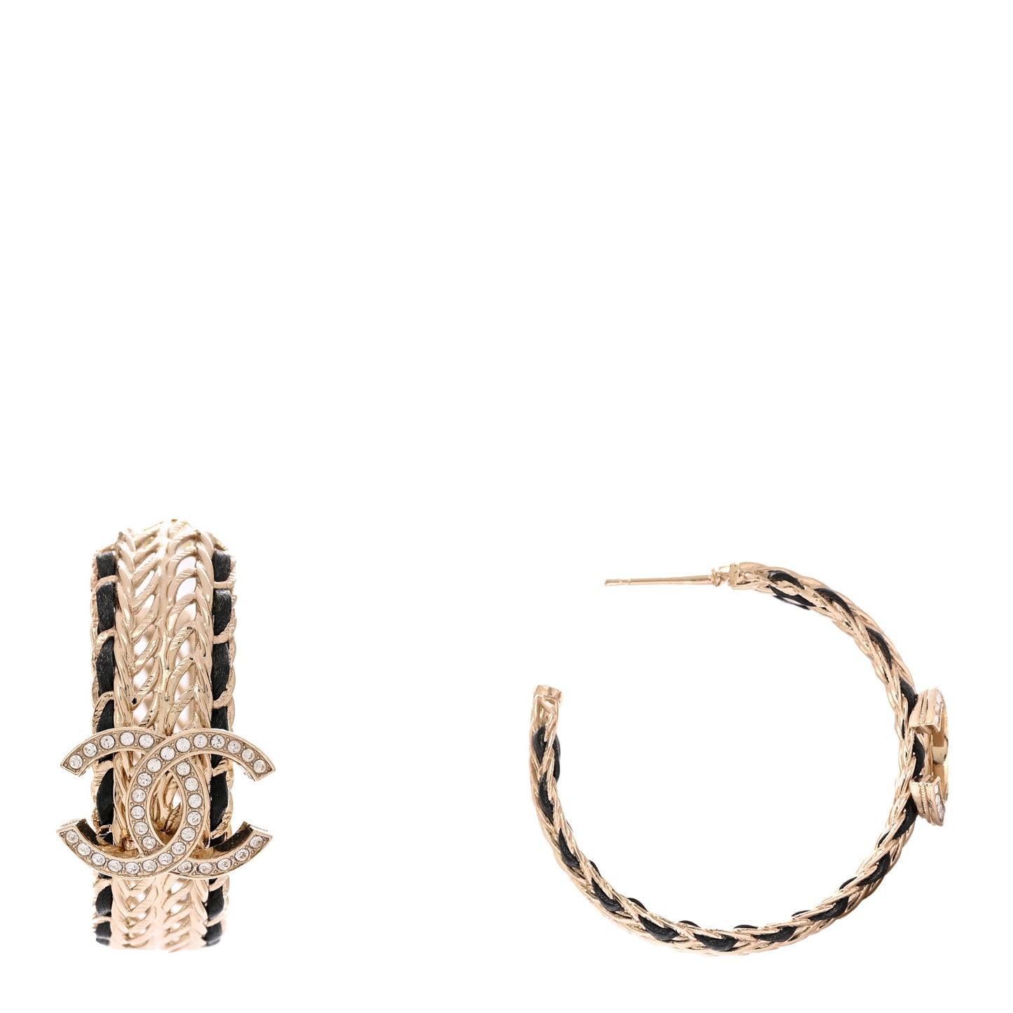 Crystal Lambskin CC Double Chain Hoop Earrings Gold Black