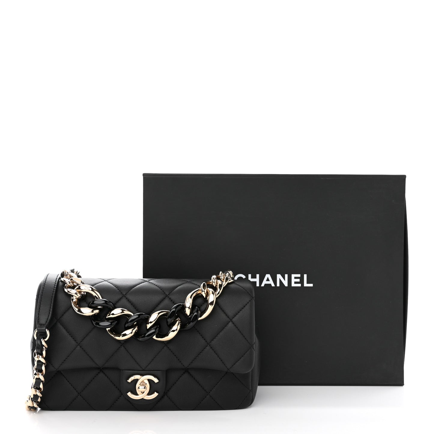 Lambskin Quilted Resin Bi-Color Chain Flap Bag Black