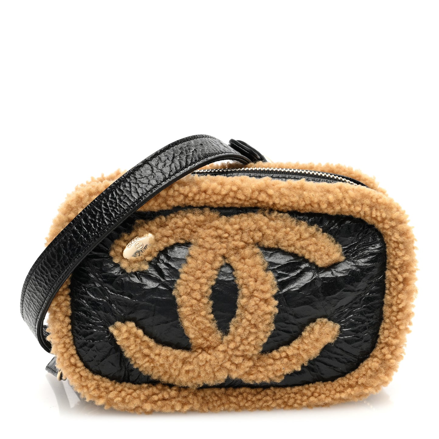 Shiny Crumpled Sheepskin Shearling CC Mania Waist Bag Black Light Brown