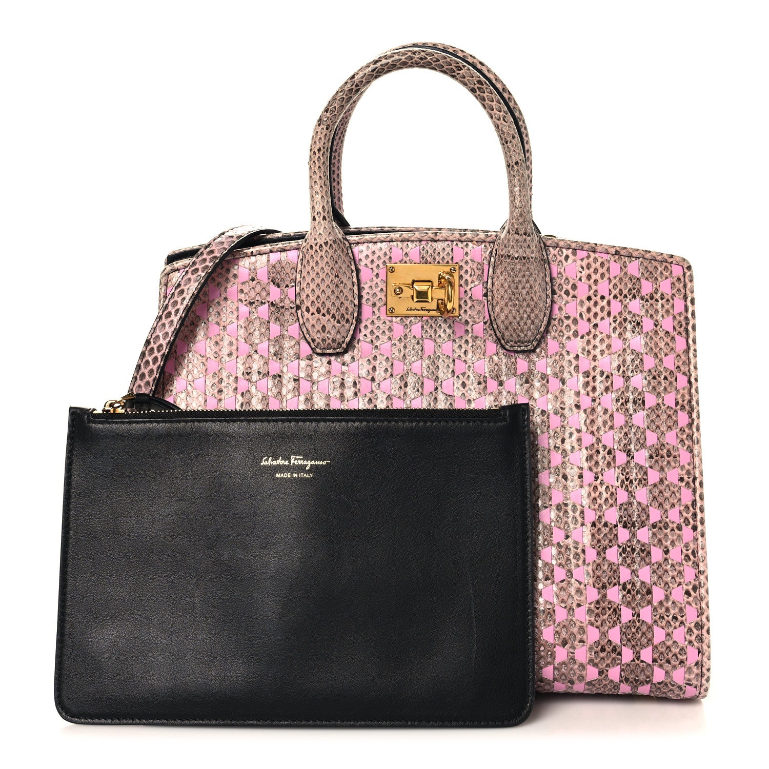 Salvatore Ferragamo Calfskin Snakeskin Woven The Studio Box Tote