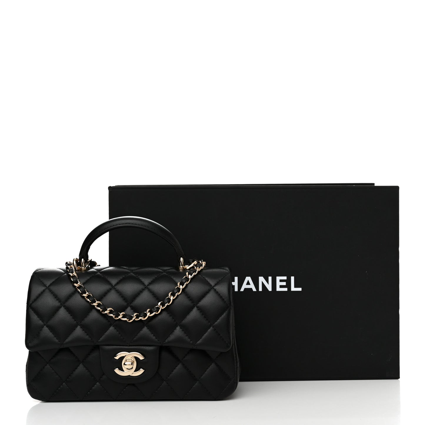 Lambskin Quilted Mini Top Handle Rectangular Flap Black