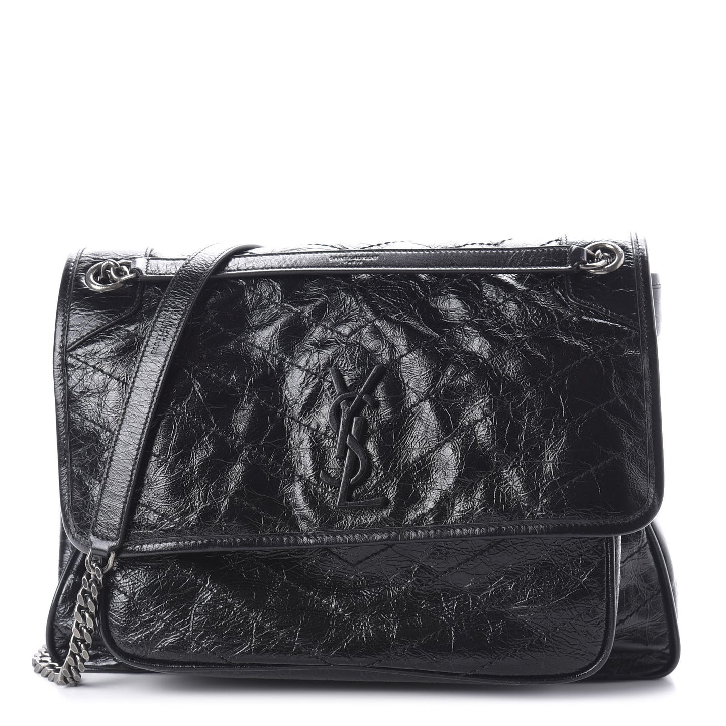 Crinkled Calfskin Matelasse Monogram Large Niki Chain Satchel Black