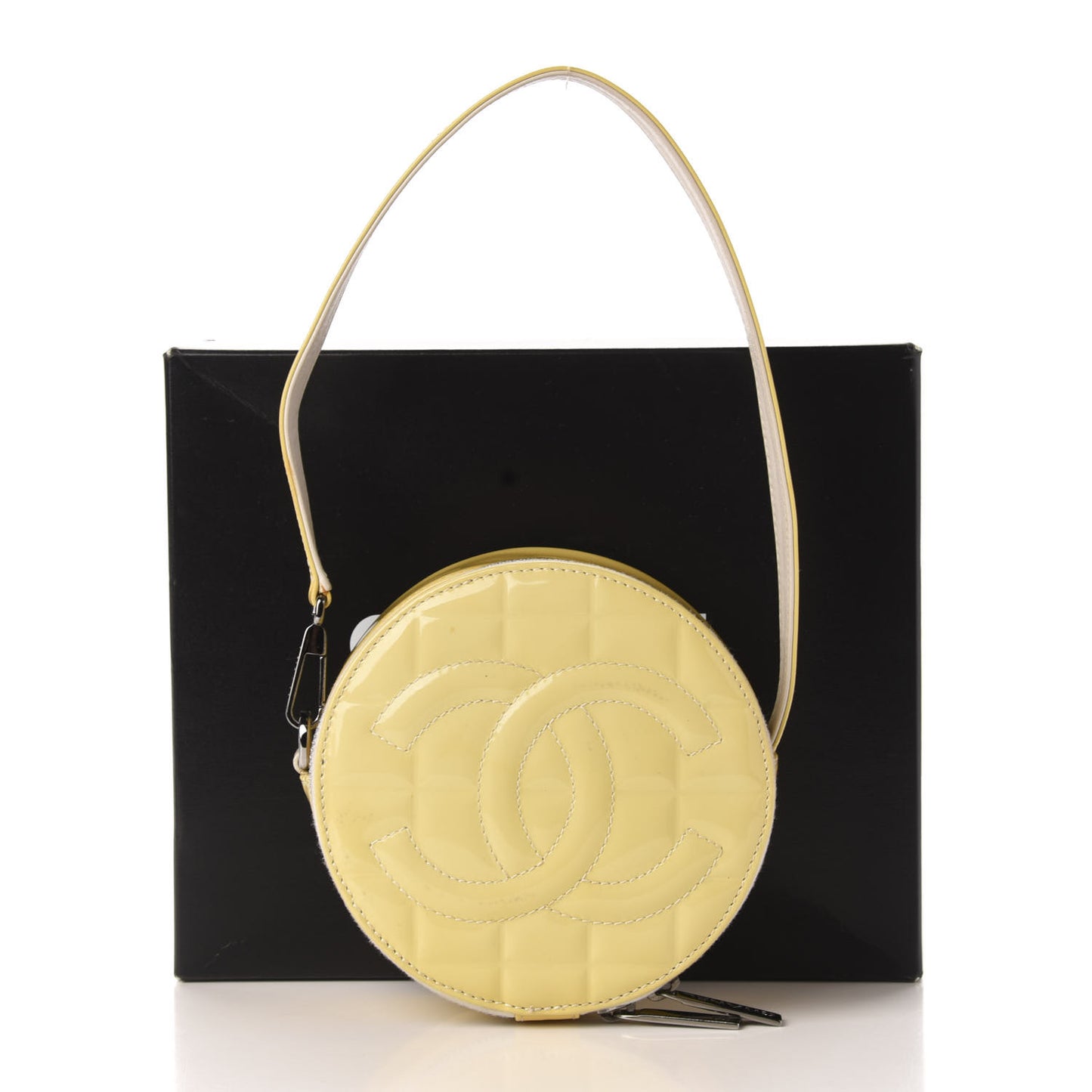 Patent Quilted CC Chocolate Bar Round Shoulder Bag Yellow