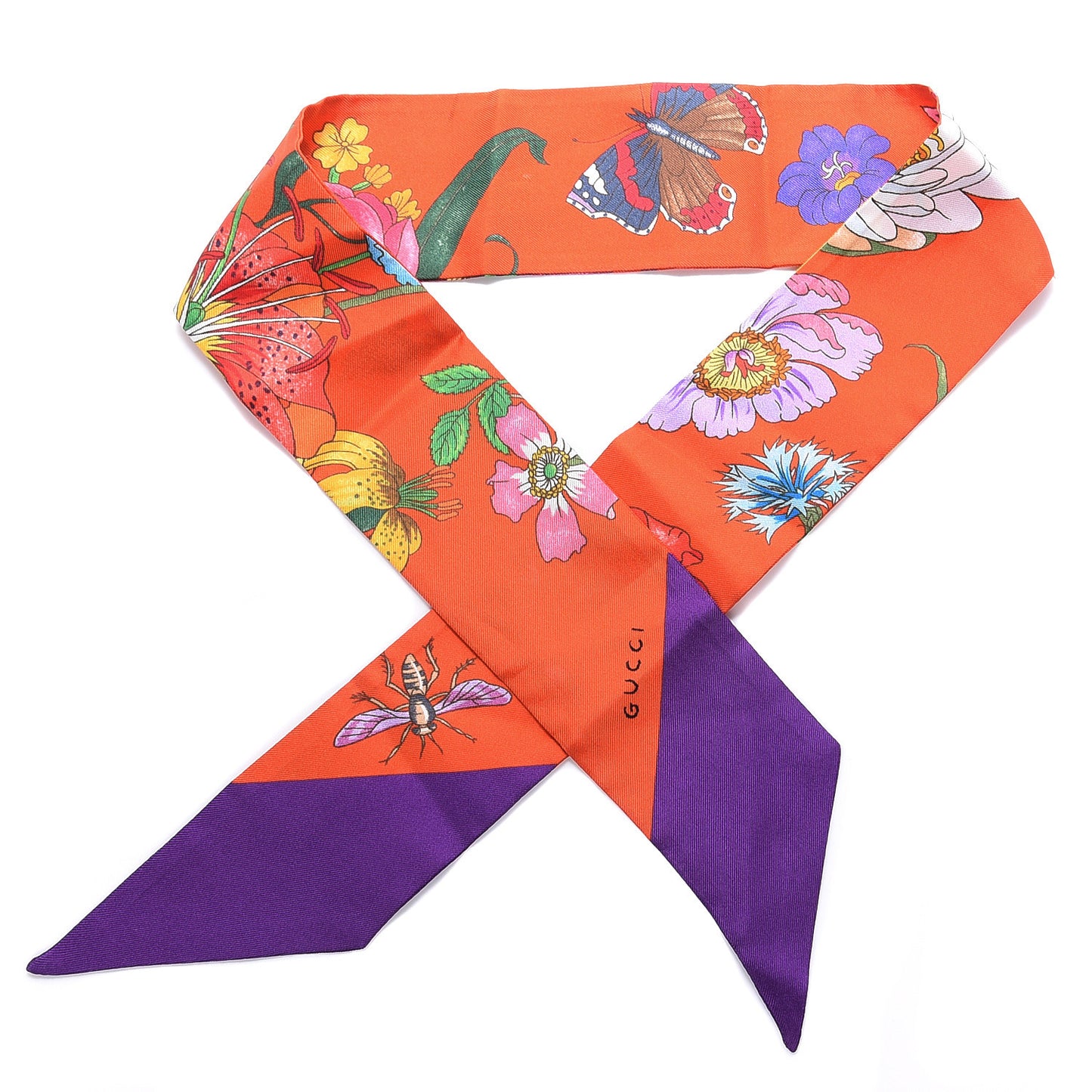 Silk Floral Neck Bow Scarf Orange Purple