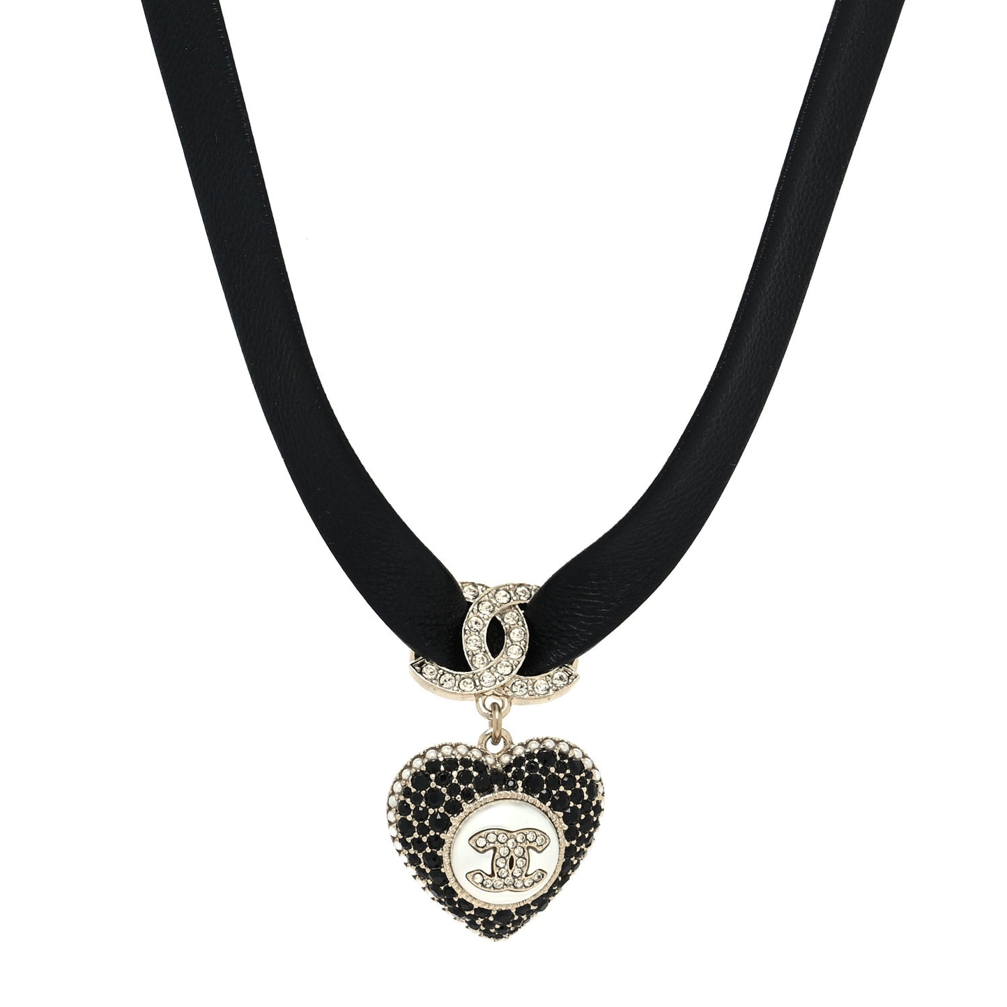 Lambskin Crystal CC Heart Choker Gold Black