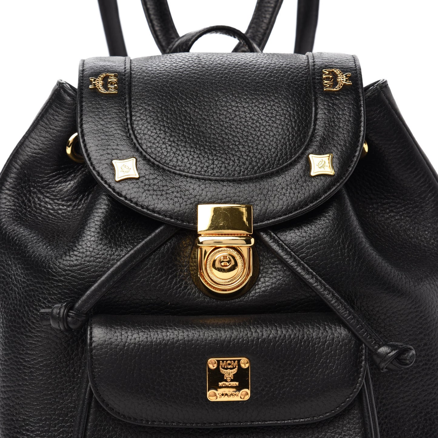 Grained Calfskin Studded Drawstring Backpack Black