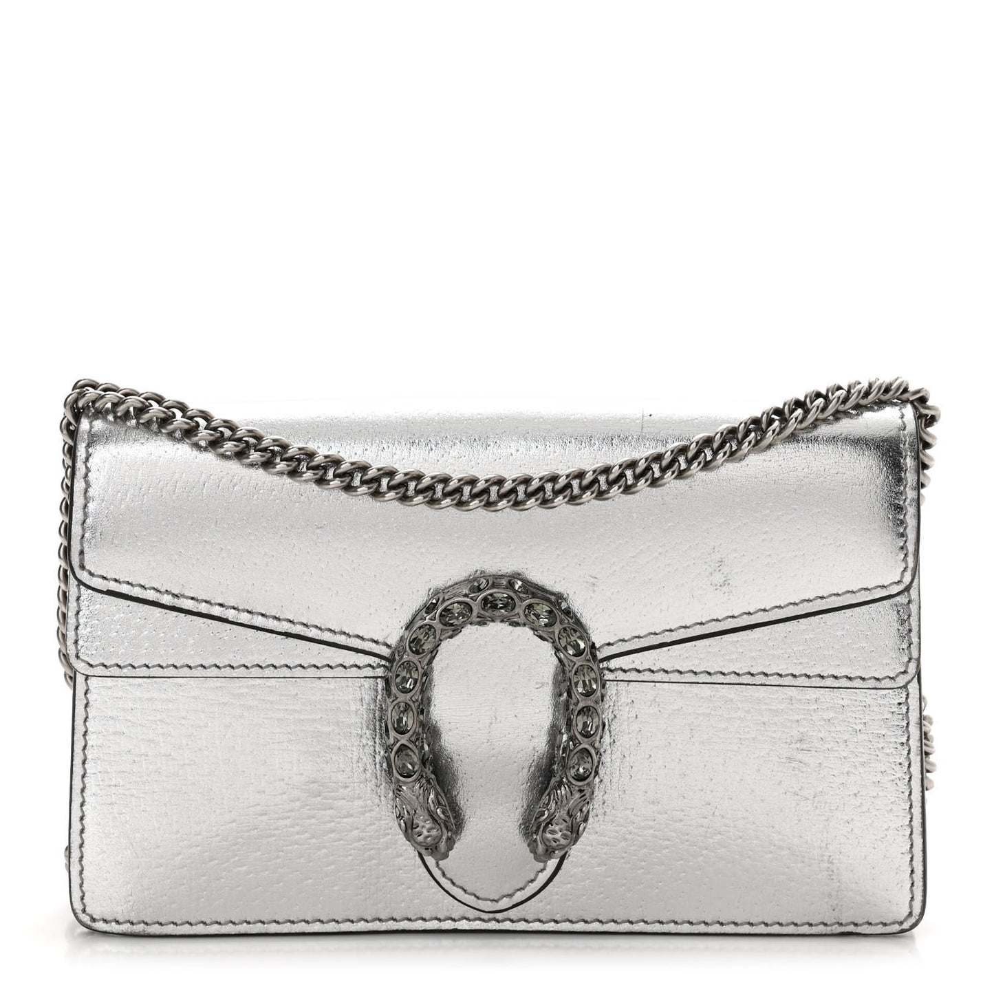 Metallic Calfskin Crystal Super Mini Dionysus Shoulder Bag Silver
