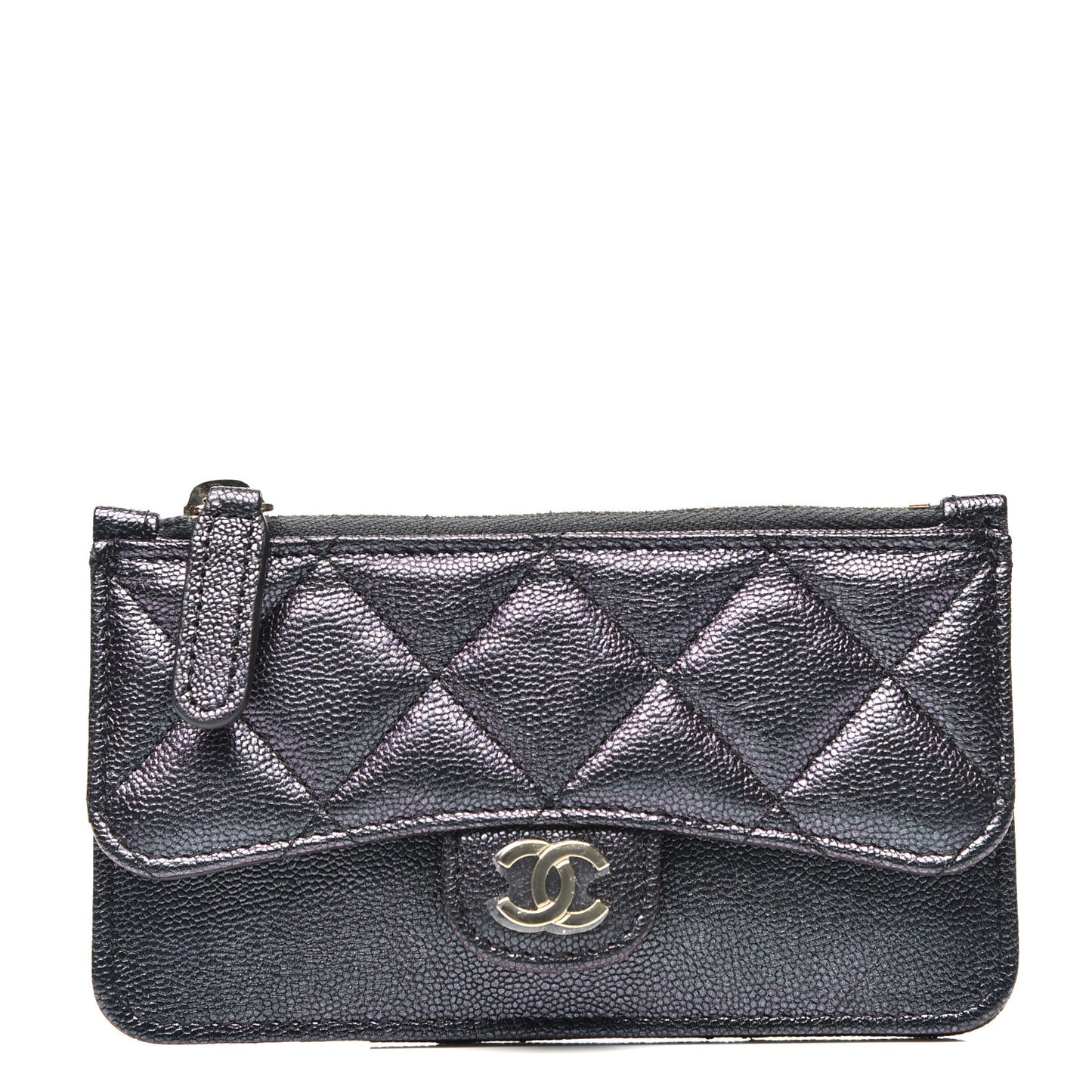 Iridescent Caviar Quilted Flap Zip Card Holder Black