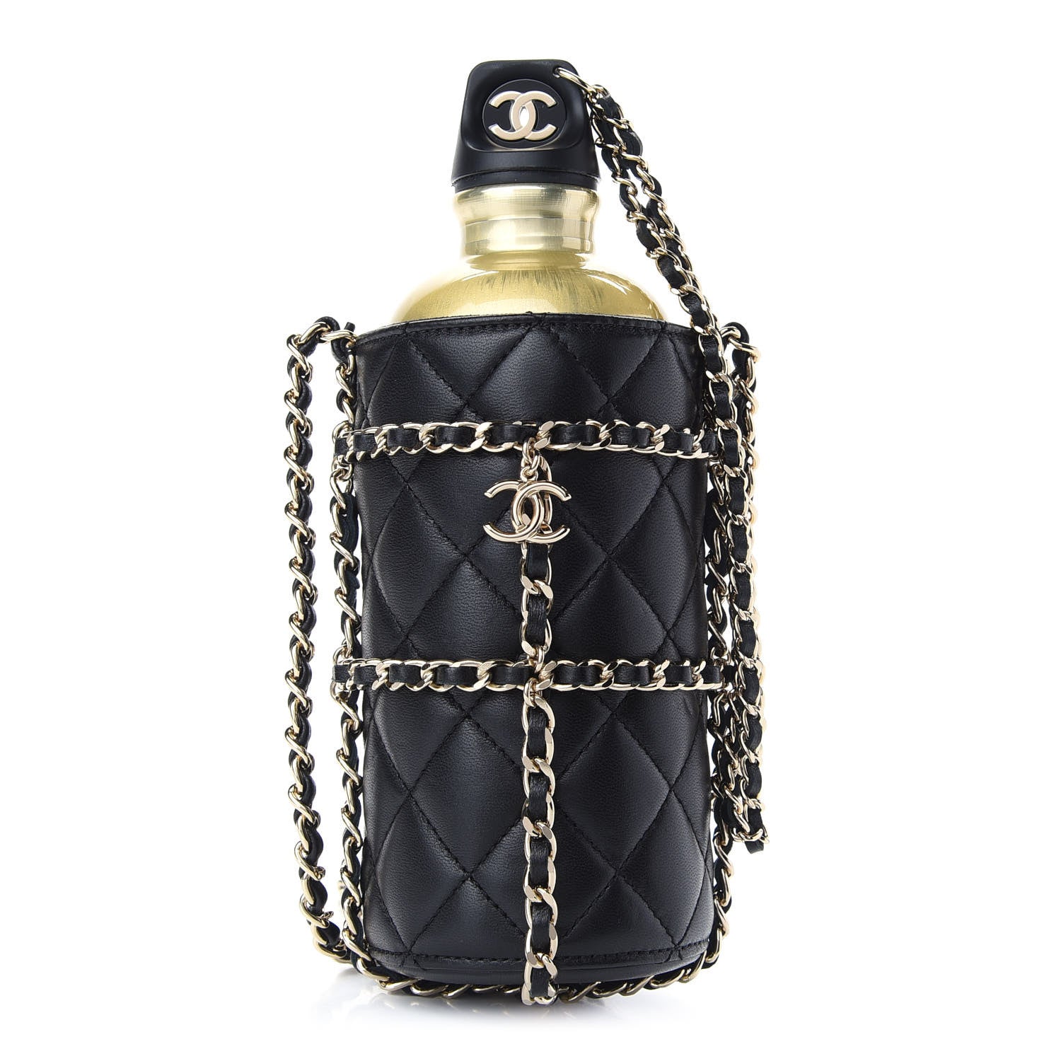 Chanel Lambskin Quilted CC To Drink Water Bottle Black Gold 1 of 8