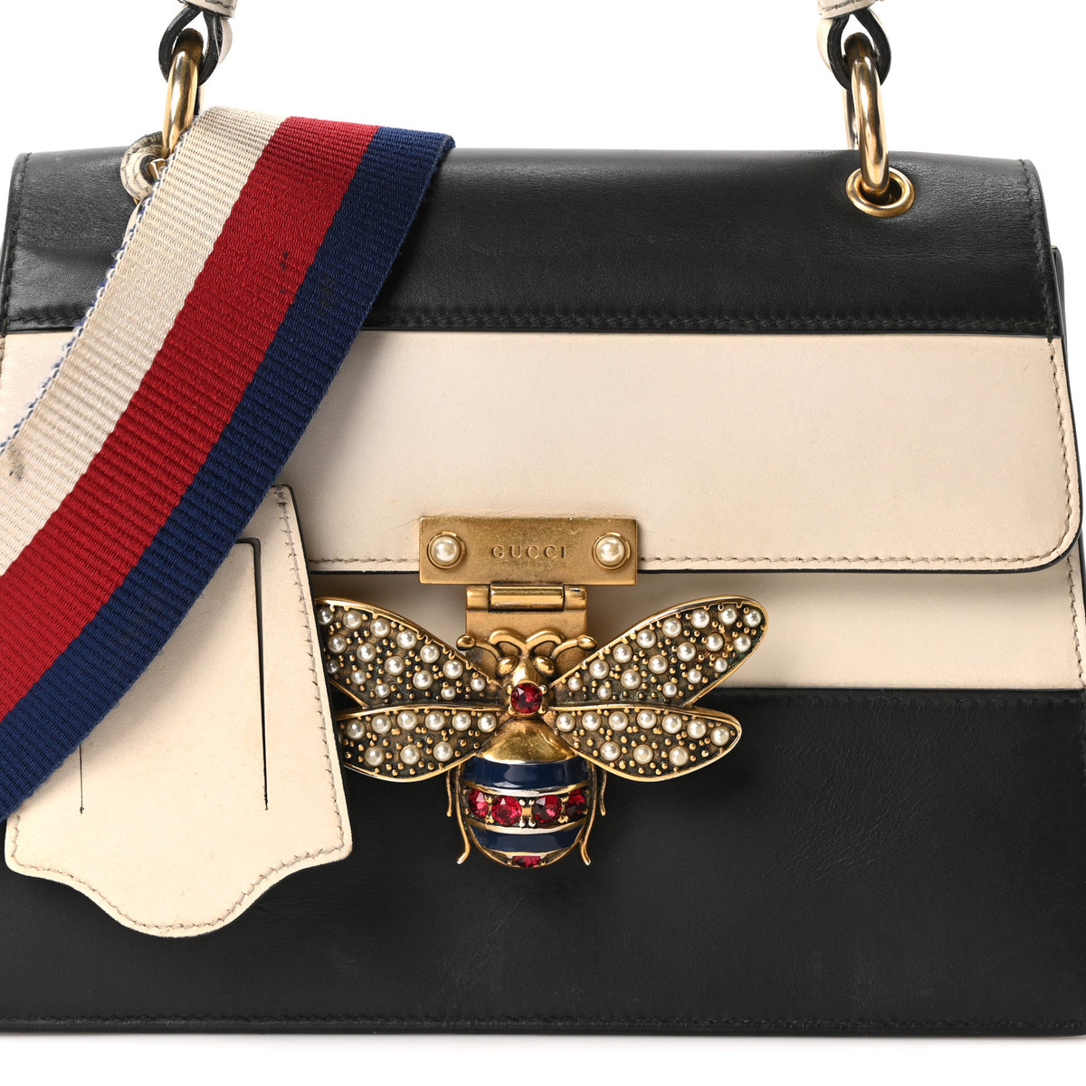 Gucci Calfskin Sylvie Web Small Queen Margaret Top Handle Bag Black White 8 of 10