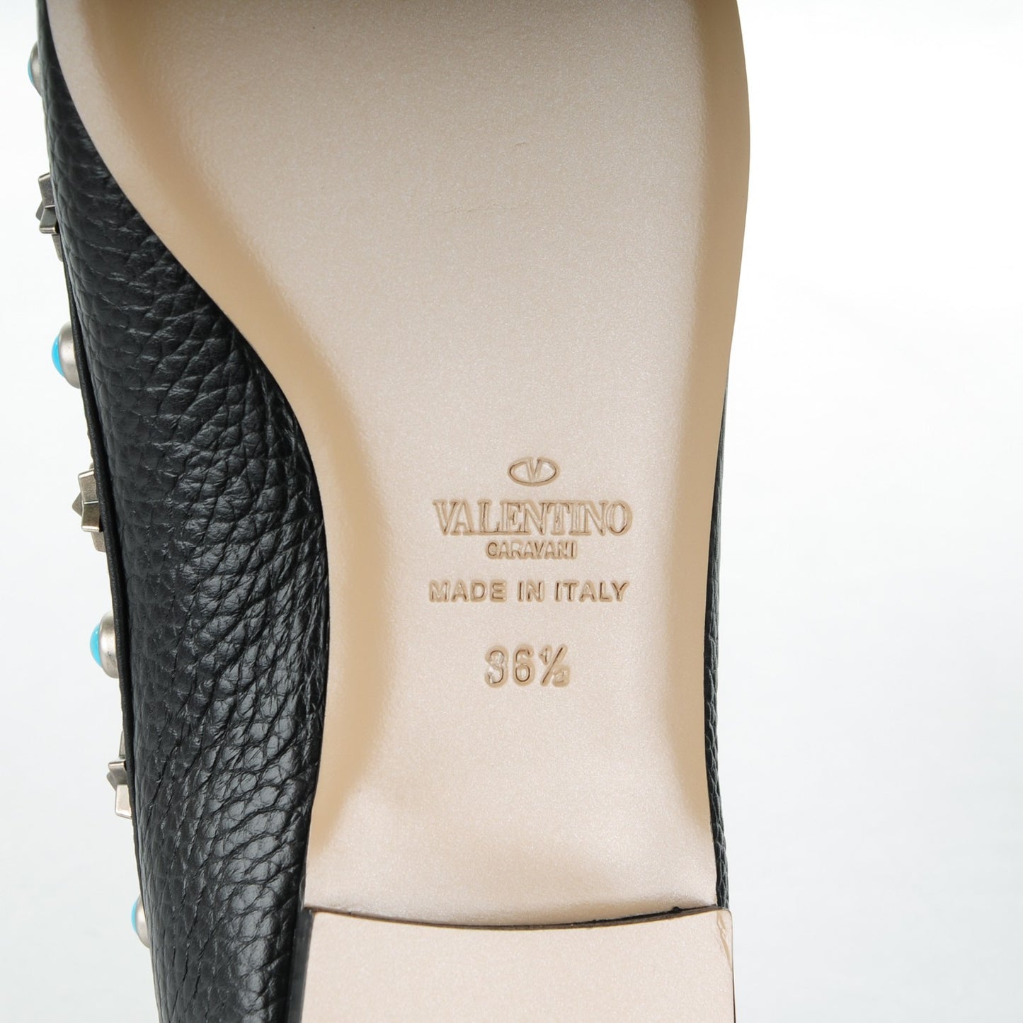 Pebbled Calfskin Rockstud Rolling Ballerina Flats 36.5 Black