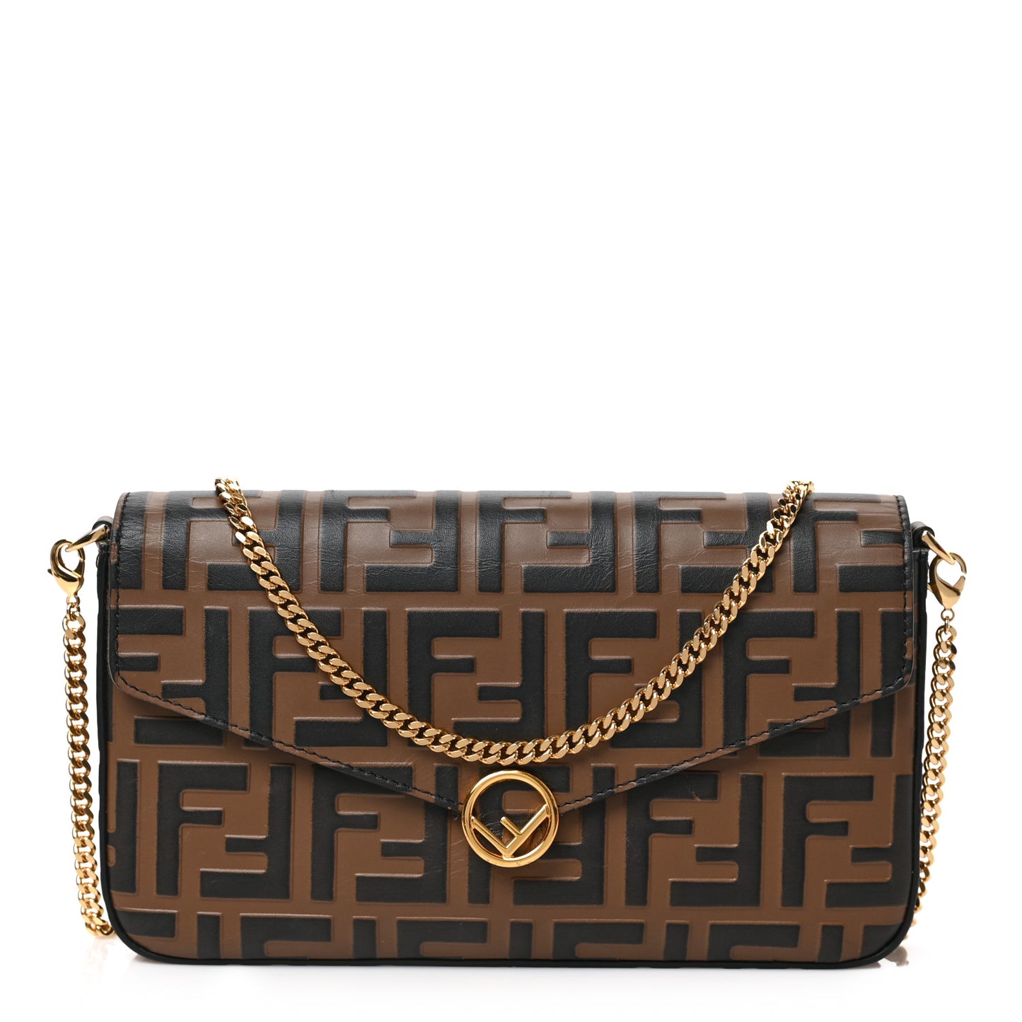 Vitello Soft F is Fendi Bi-Color FF 1974 Embossed Envelope Wallet On Chain with Pouches Maya Black