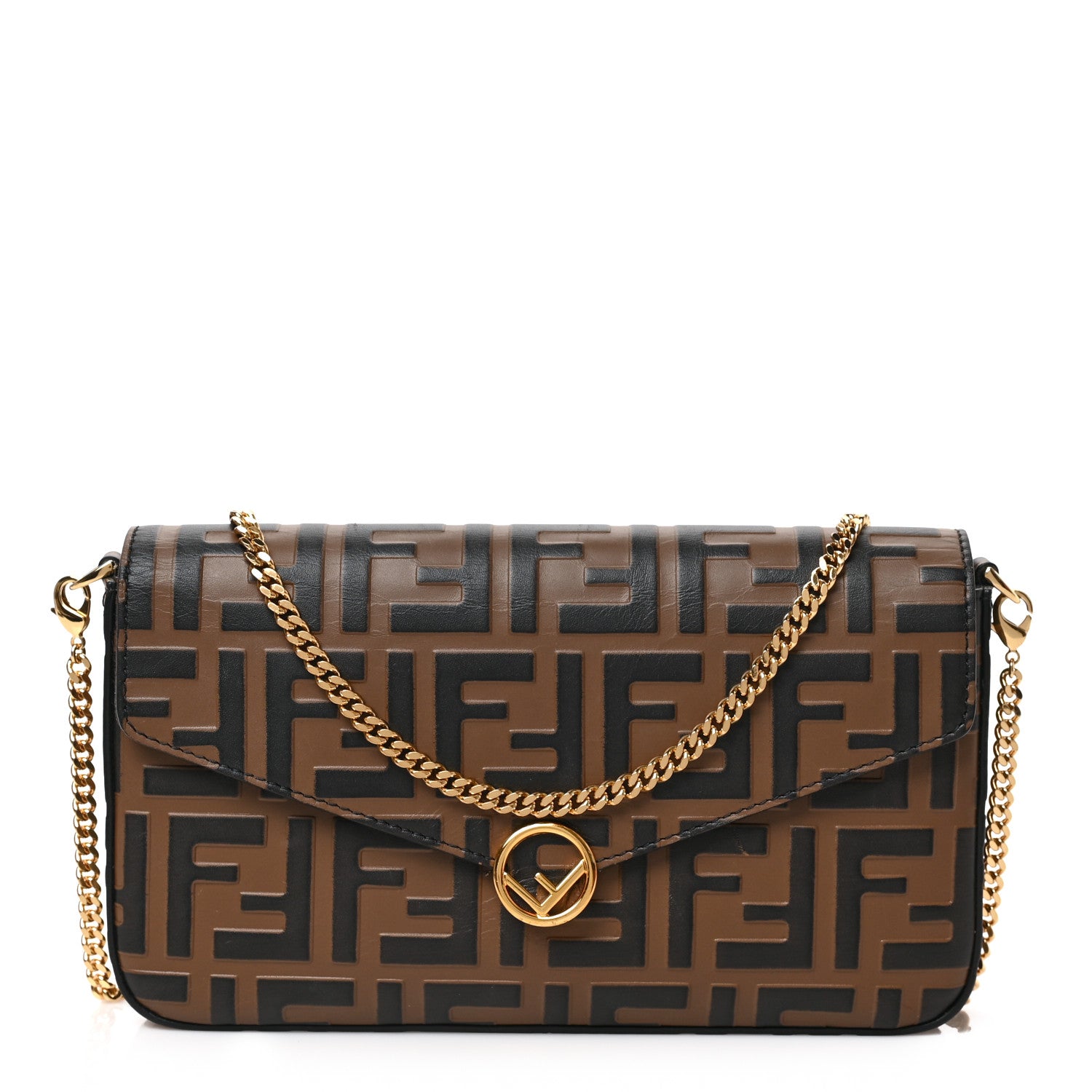 Fendi Vitello Soft F is Fendi Bi-Color FF 1974 Embossed Envelope Wallet On Chain with Pouches Maya Black 3 of 8
