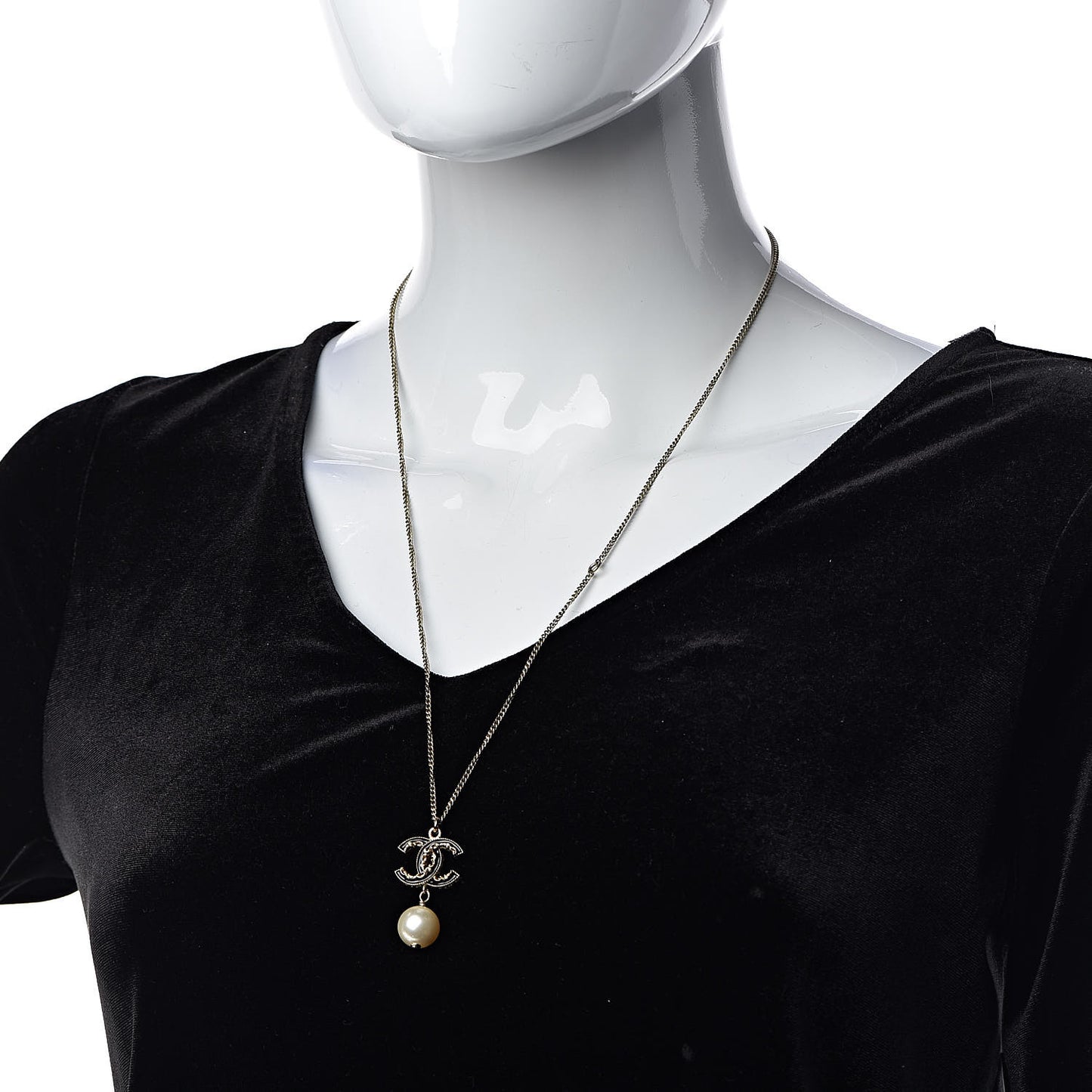 Enamel CC Baroque Pearl Drop Necklace Black Gold