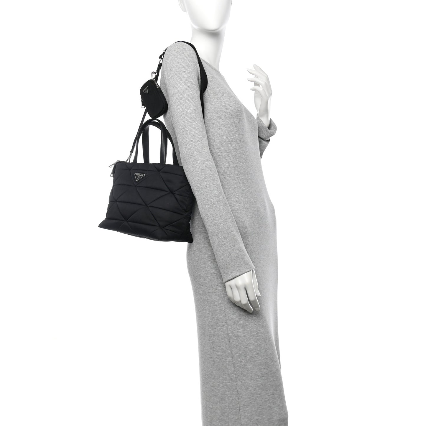 Re-Nylon Nappa Triangle Quilted Padded Double Handled Zip Pocket Tote Black