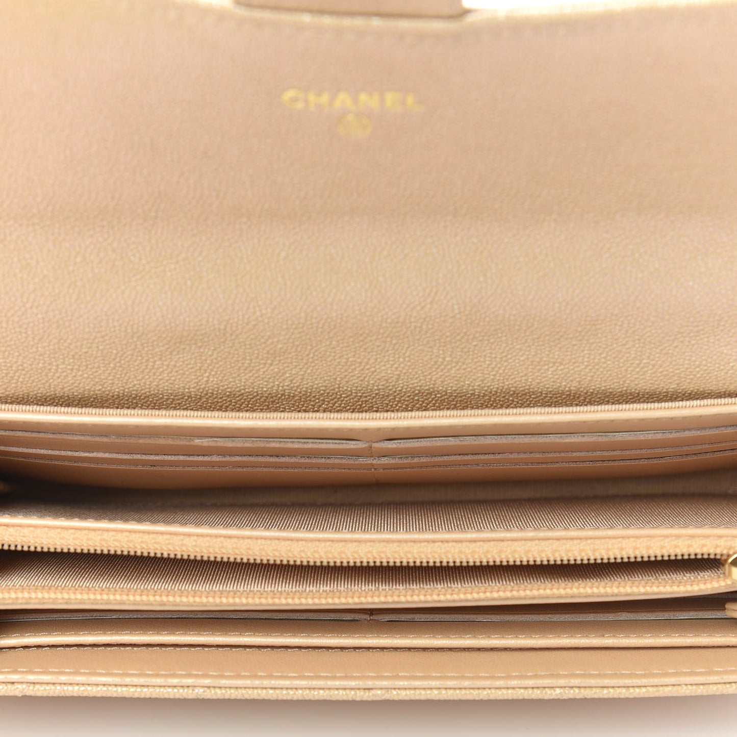 Iridescent Caviar Quilted Long Gusset Flap Wallet Beige
