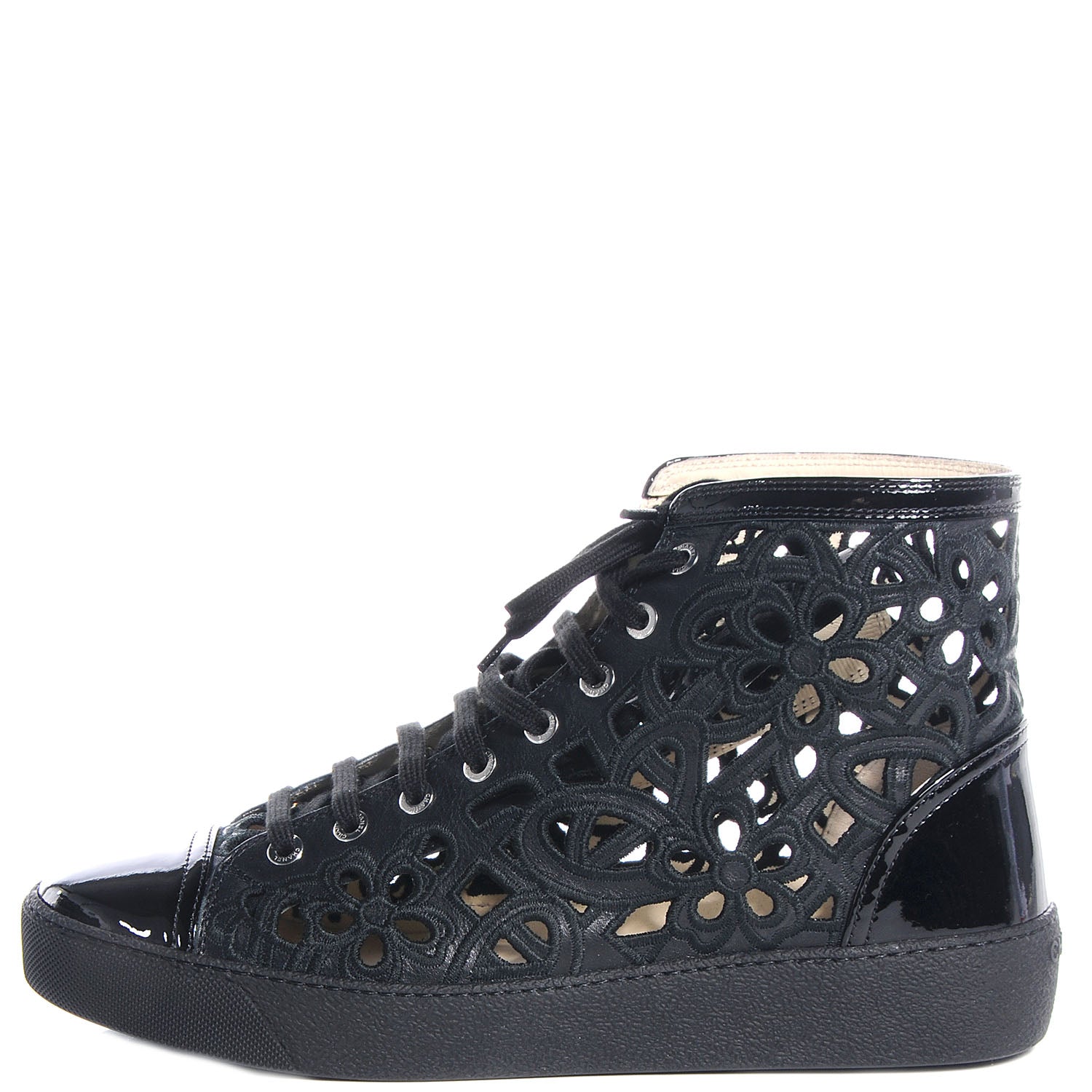 Chanel Patent Grained Goatskin Laser Cut Camellia High Tops 40 Black 1 of 7