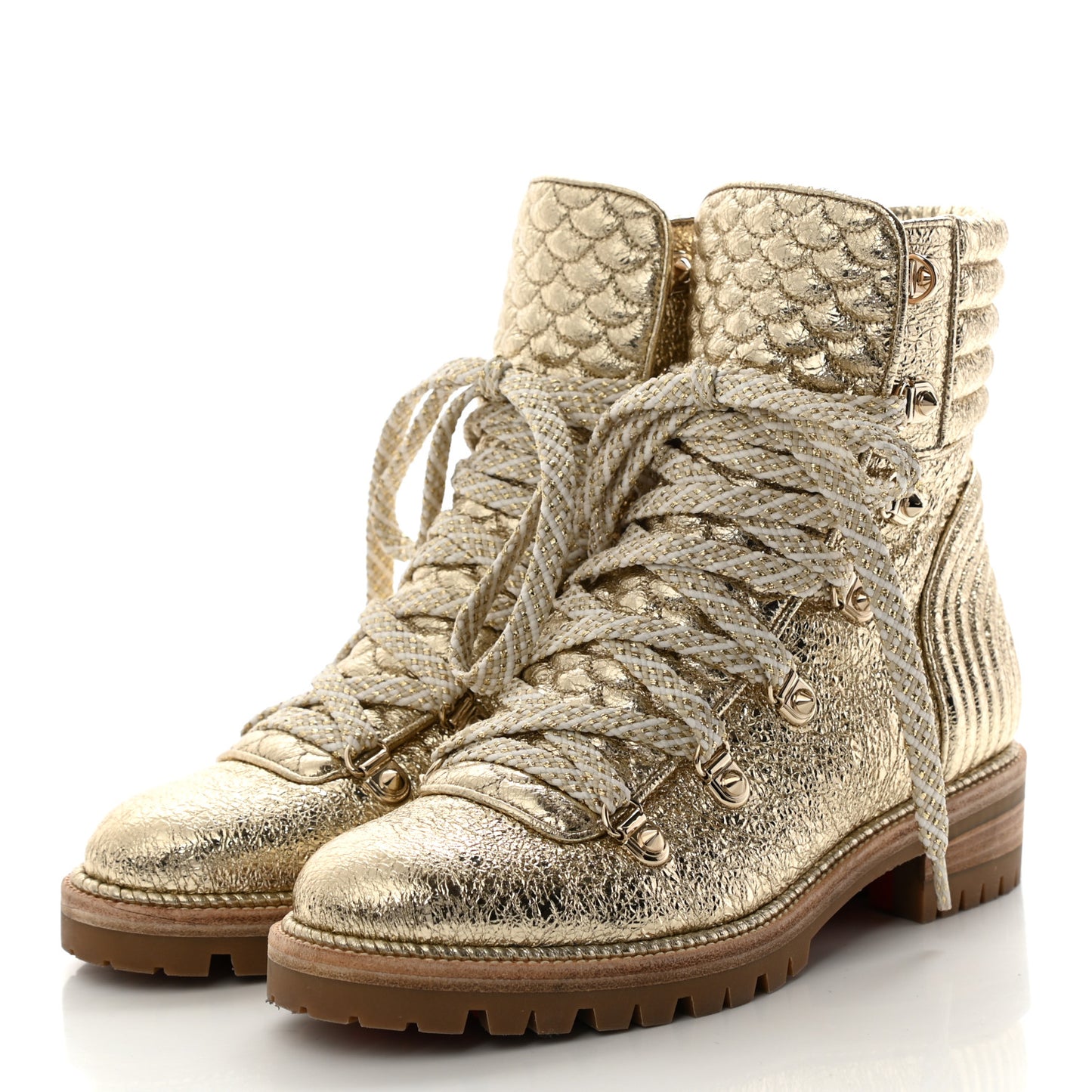 Crinkled Calfskin Mad Metallic Lace Up Red Sole Boot 35.5 Gold