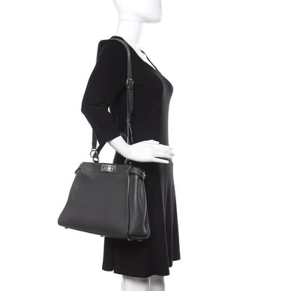 Fendi Cuoio Romano Selleria Bi-Color Medium Peekaboo Iconic Satchel Asfalto Latte 2 of 12