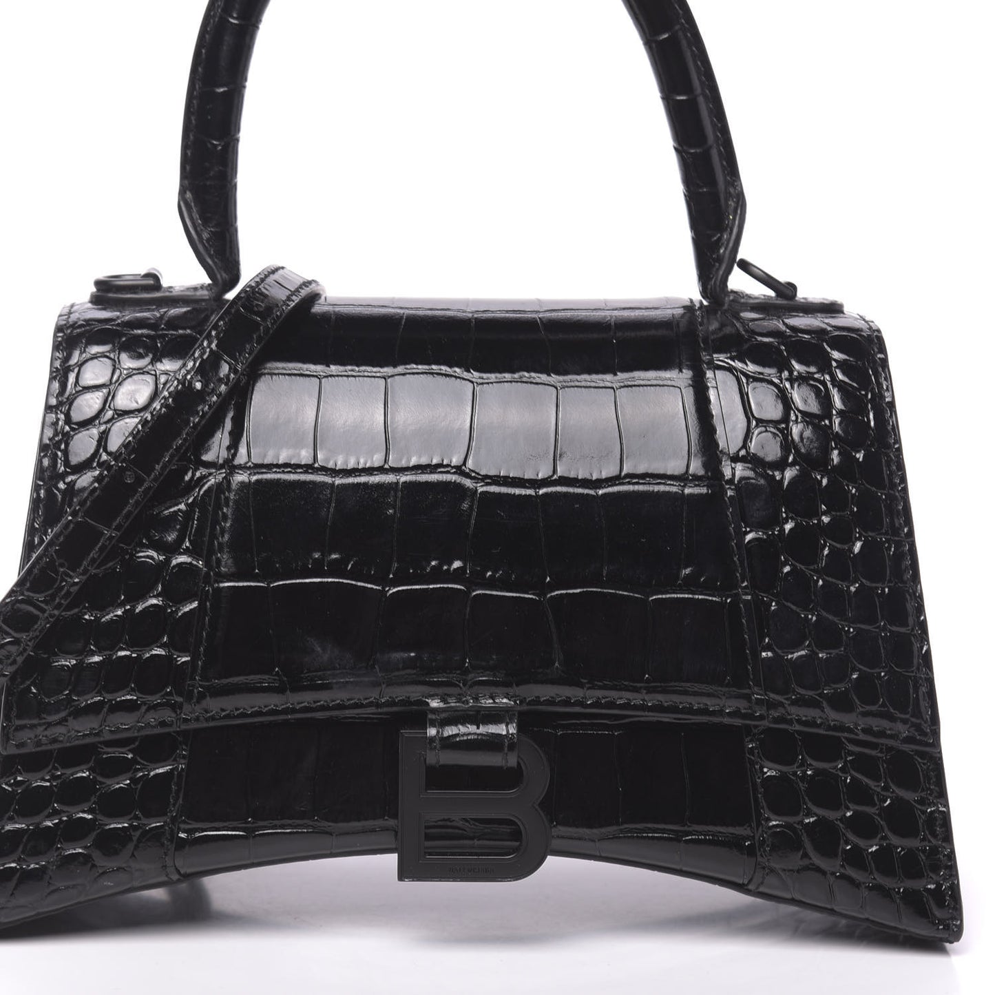 Shiny Calfskin Monochrome Crocodile Embossed Small Hourglass Top Handle Bag Black