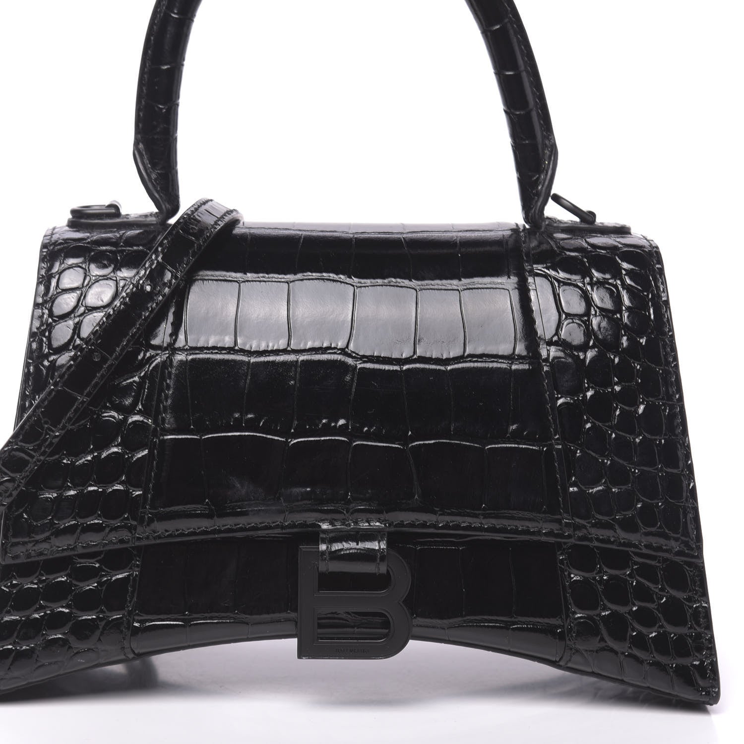Balenciaga Shiny Calfskin Monochrome Crocodile Embossed Small Hourglass Top Handle Bag Black 9 of 9