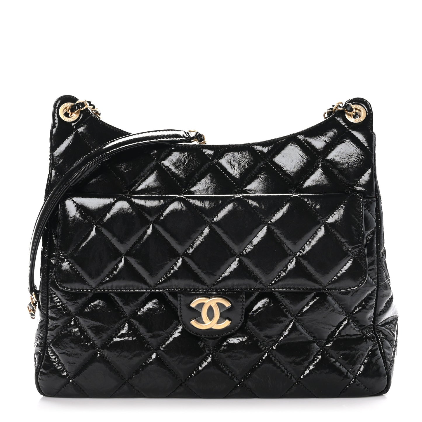 Shiny Crumpled Calfskin Quilted Large Wavy CC Hobo Black