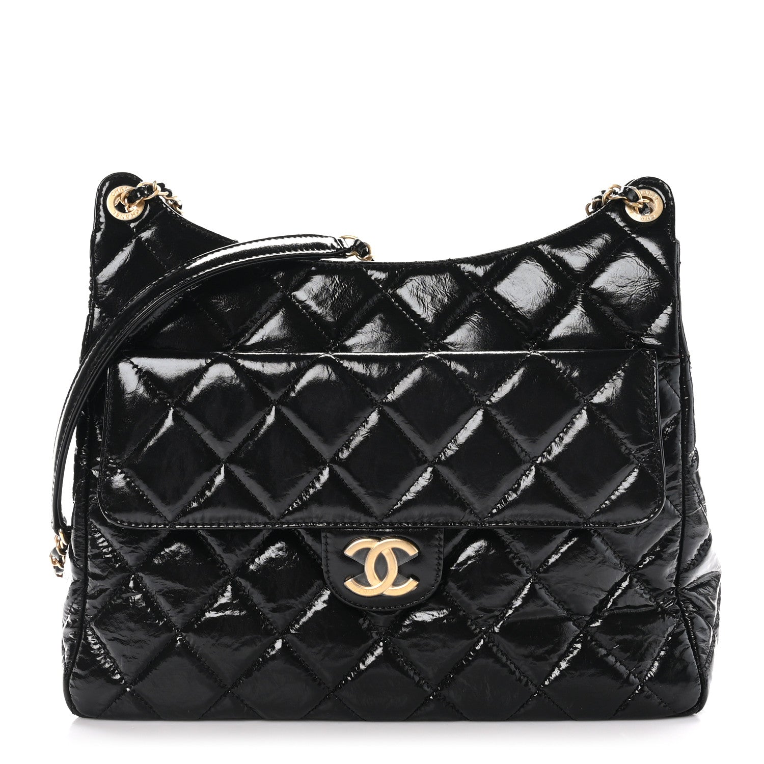 Chanel Shiny Crumpled Calfskin Quilted Large Wavy CC Hobo Black 1 of 10