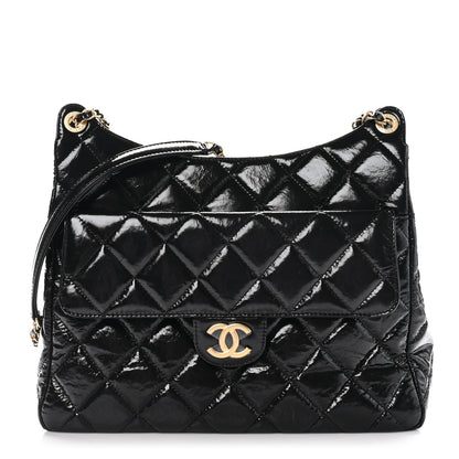 Chanel Shiny Crumpled Calfskin Quilted Large Wavy CC Hobo Black 1 of 10