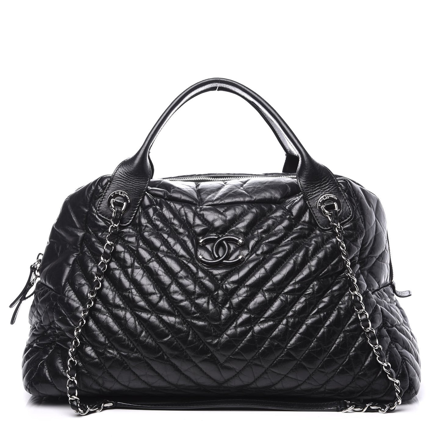 Aged Calfskin Chevron Large Soft Bowling Bag Black