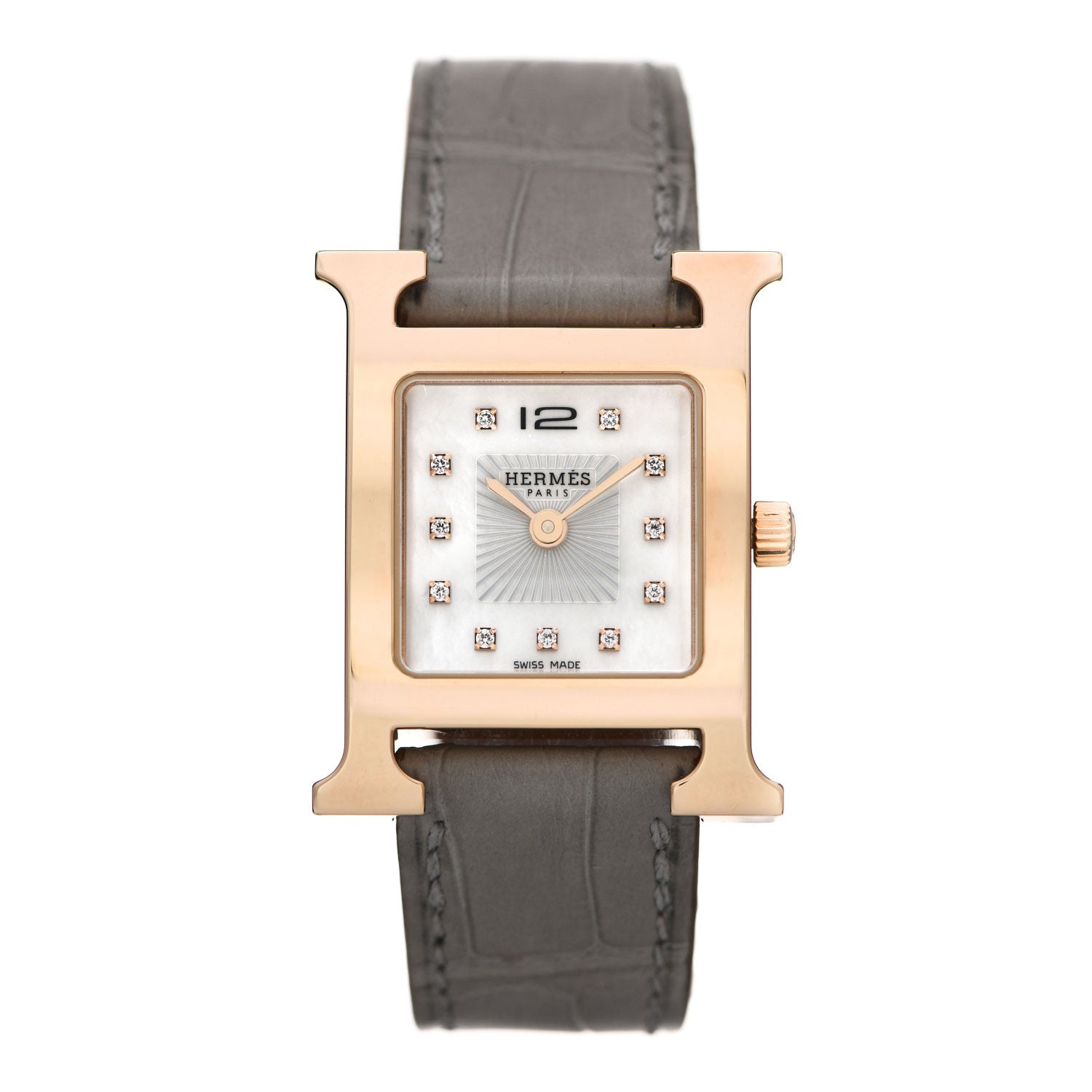 Hermes Stainless Steel Alligator Diamond Mother of Pearl 21mm Heure H Hour Quartz Watch Gris Elephant 1 of 5