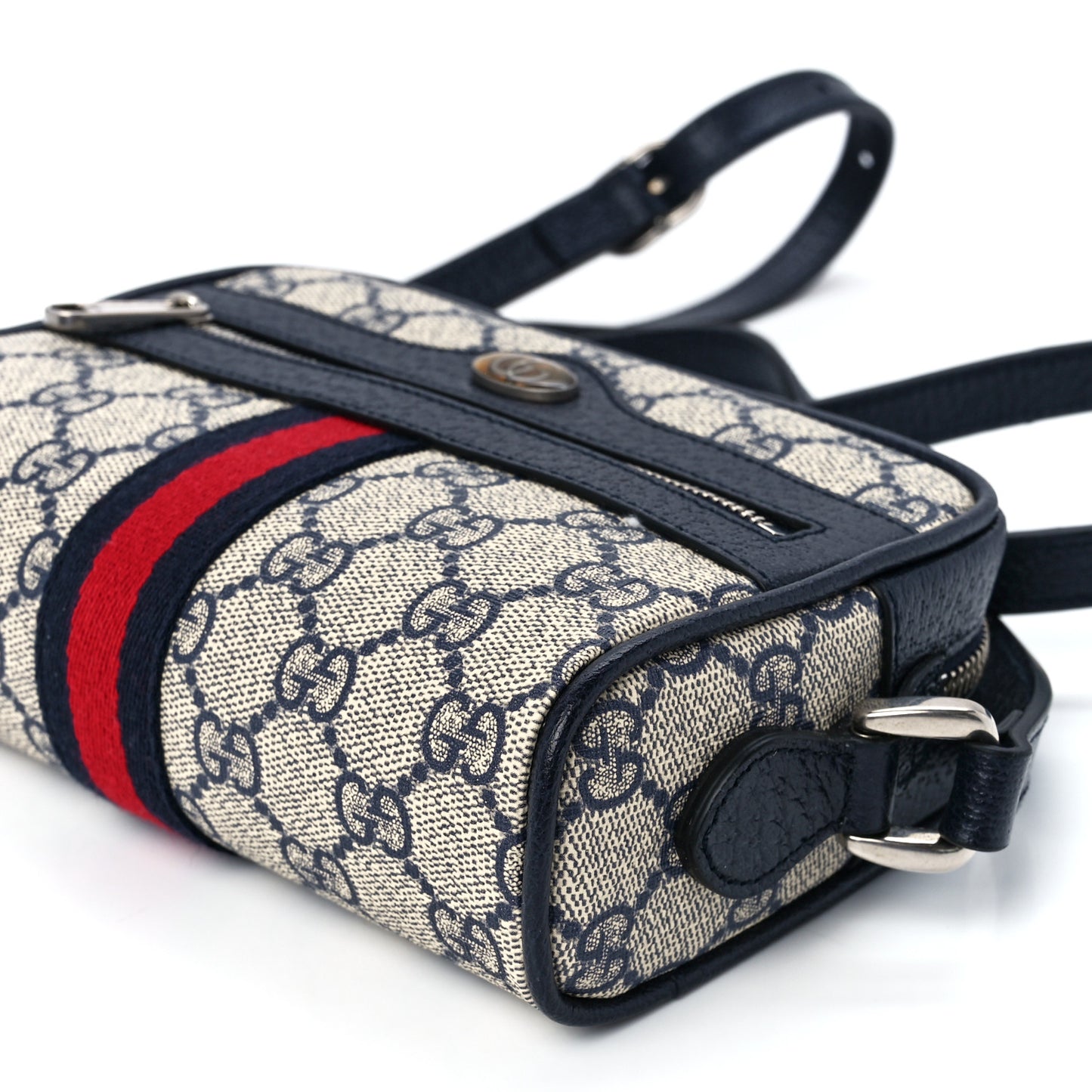 GG Supreme Monogram Textured Dollar Calfskin Web Mini Ophidia Shoulder Bag Beige Blue