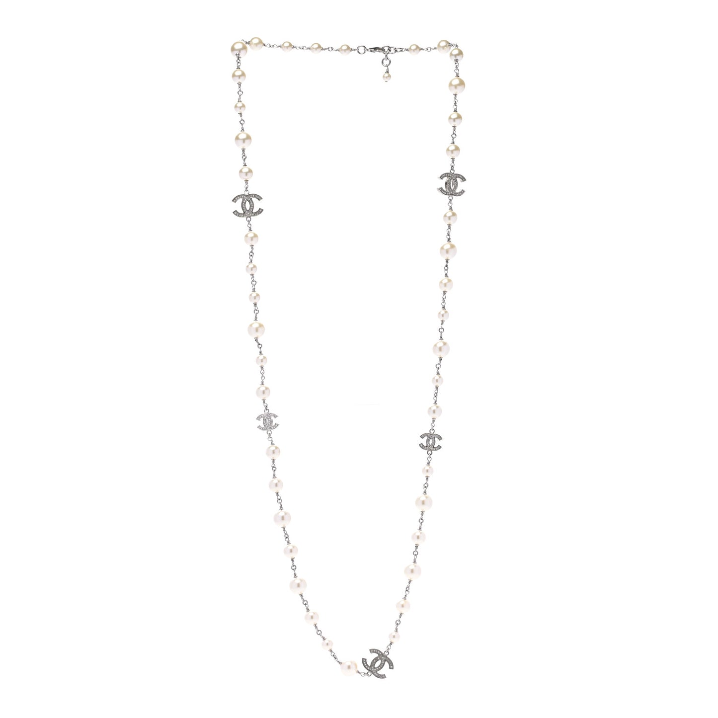 Graduated Pearl Crystal CC Long Necklace Silver