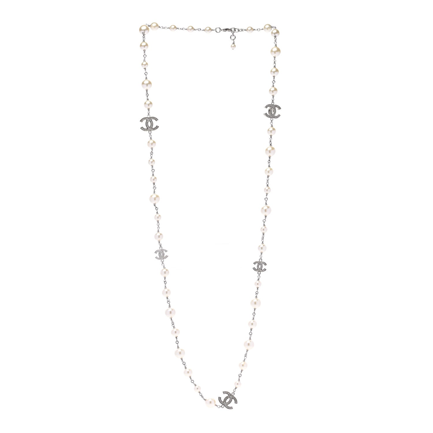 Chanel Graduated Pearl Crystal CC Long Necklace Silver 3 of 5