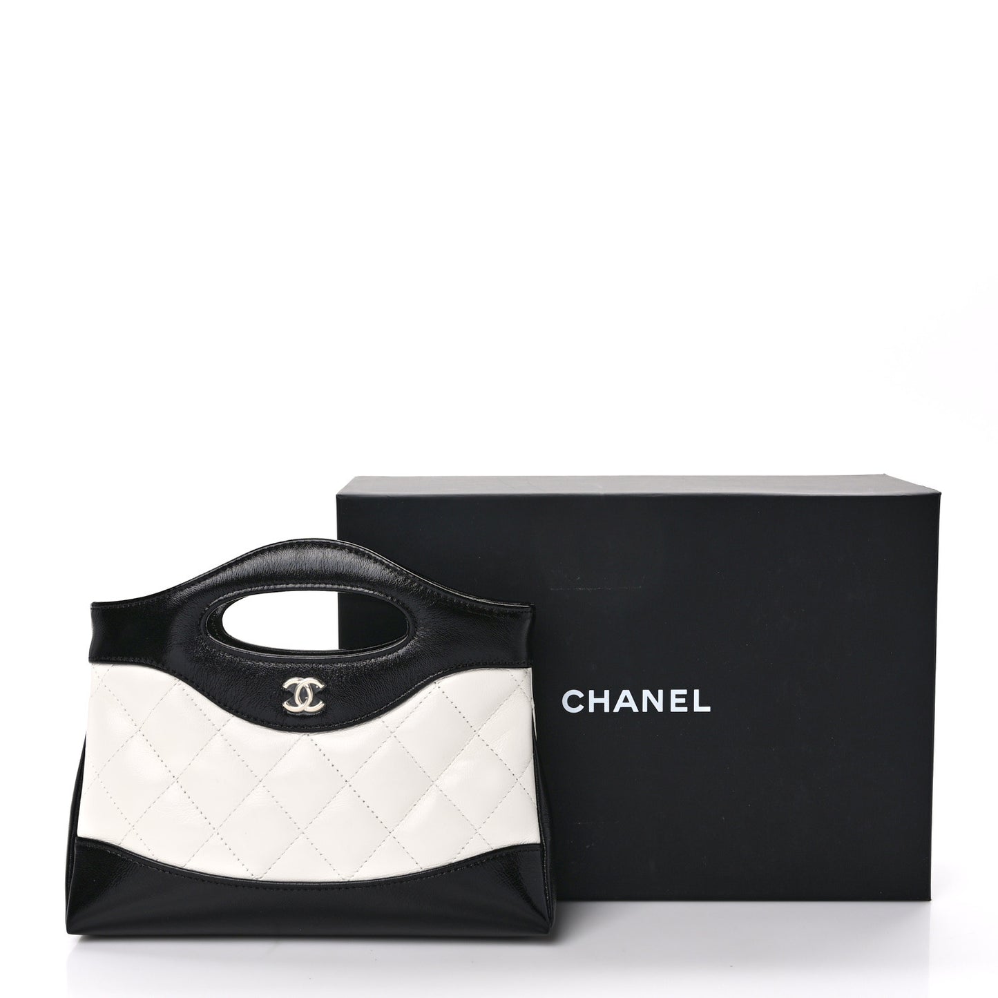Shiny Crumpled Calfskin Quilted Nano 31 Shopping Bag White Black