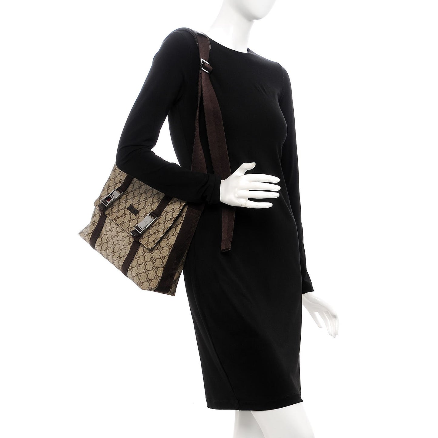 GG Plus Monogram Large Double Buckle Flap Messenger Bag Beige Dark Brown